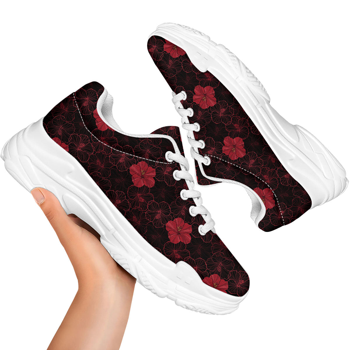 Hibiscus Red And Black Print Pattern White Chunky Shoes-grizzshop