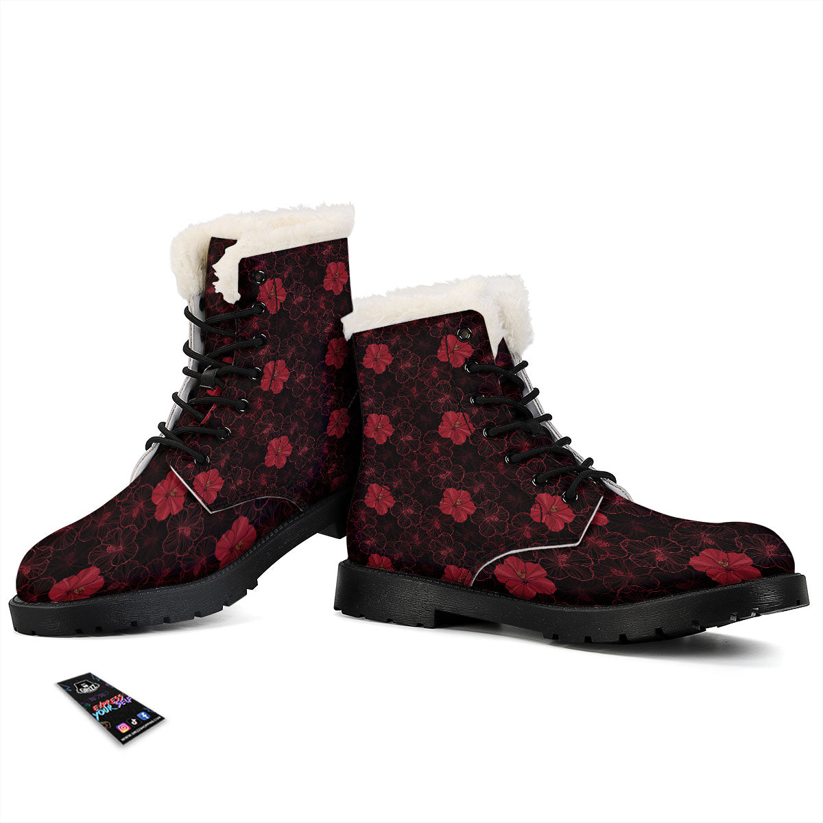 Hibiscus Red And Black Print Pattern Winter Boots-grizzshop