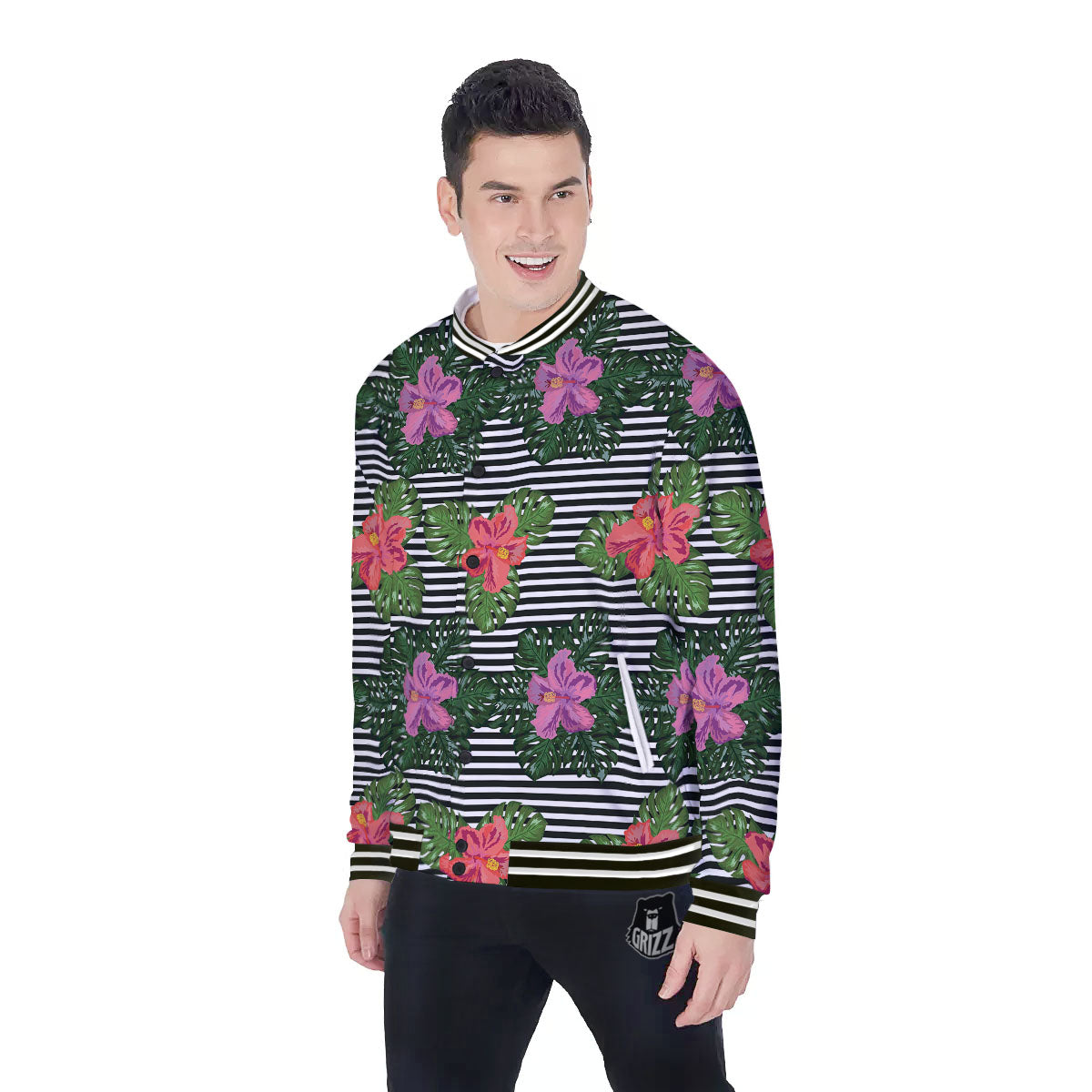Hibiscus Striped Pink Print Pattern Baseball Jacket-grizzshop