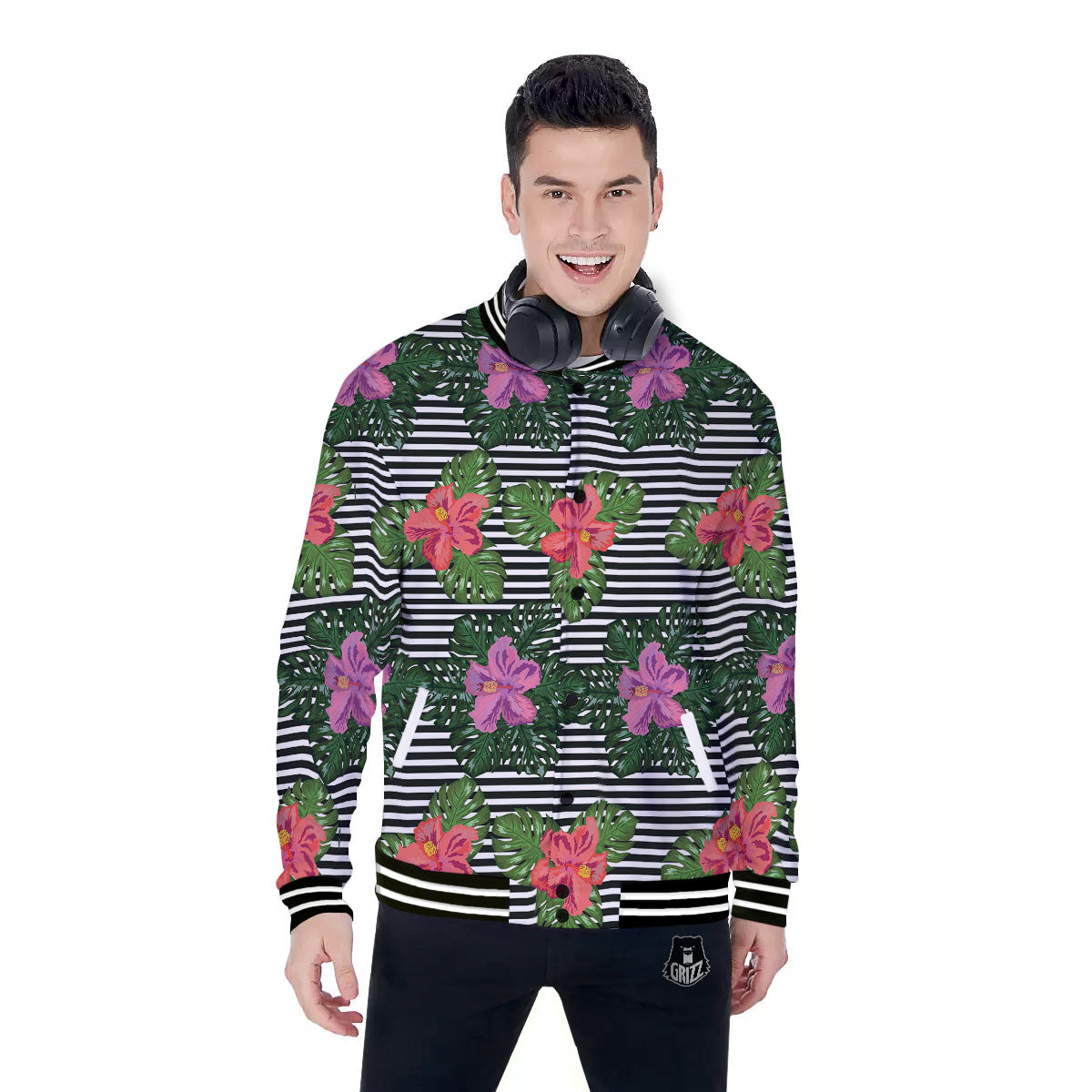 Hibiscus Striped Pink Print Pattern Baseball Jacket-grizzshop