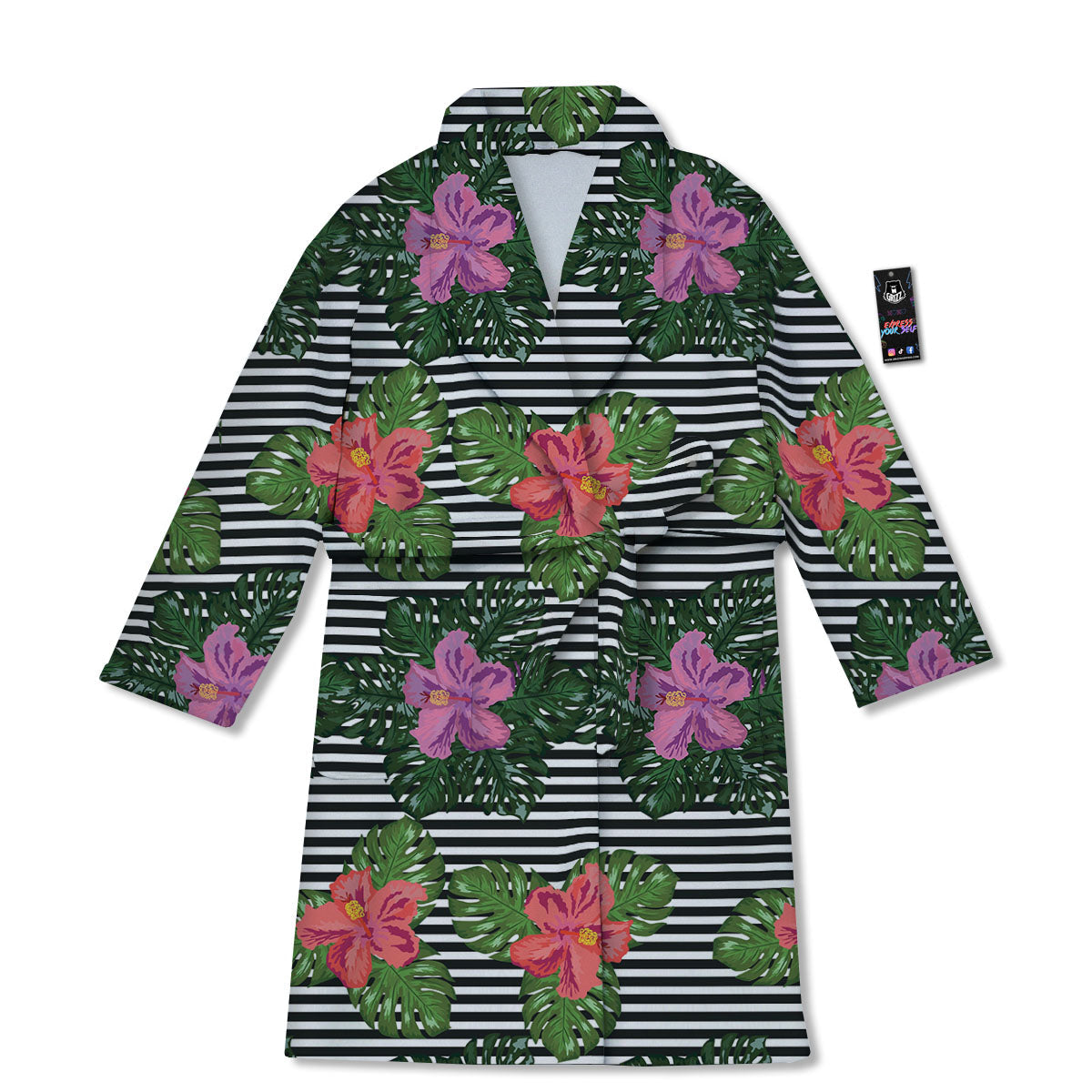 Hibiscus Striped Pink Print Pattern Bathrobe-grizzshop