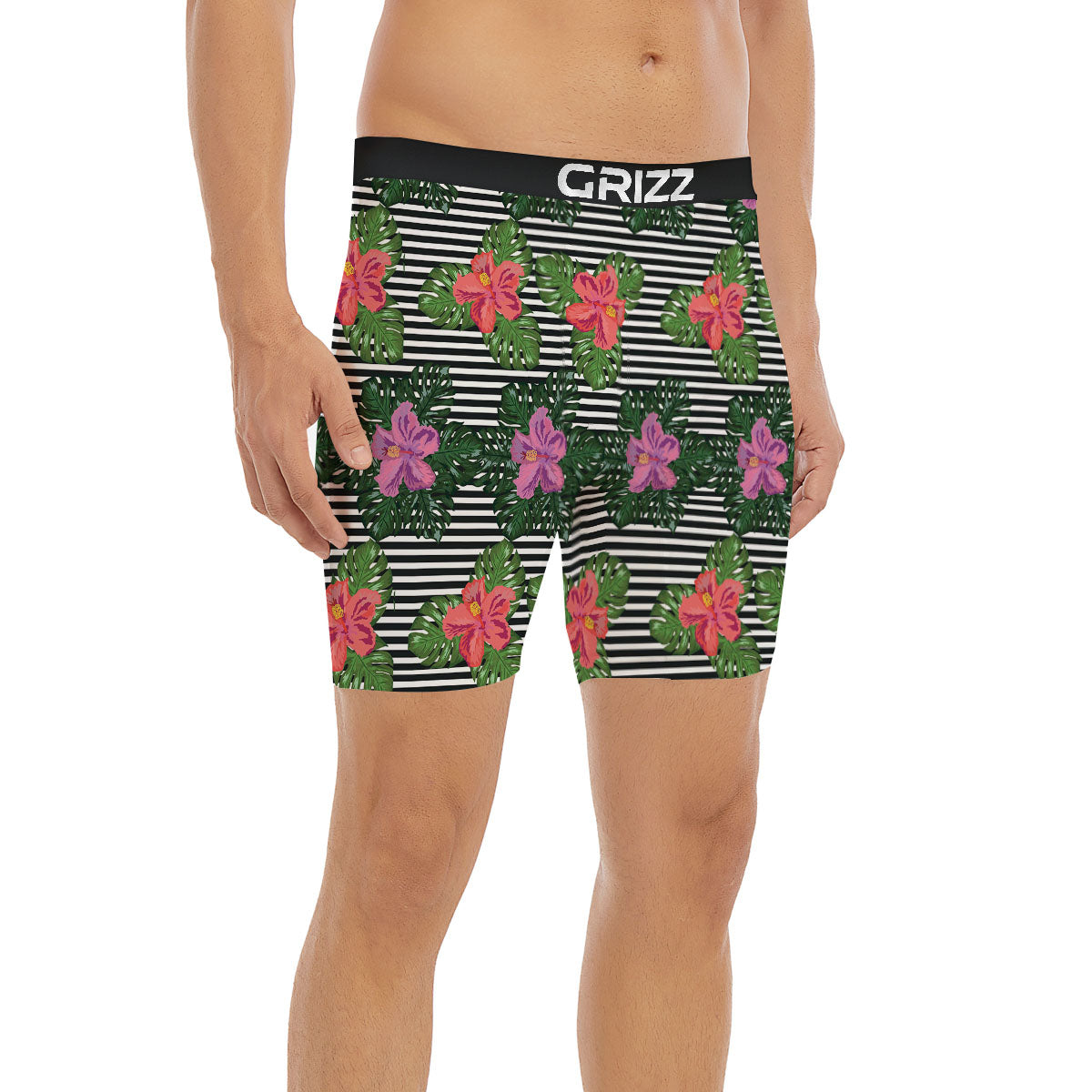 Hibiscus Striped Pink Print Pattern Boxer Briefs-grizzshop