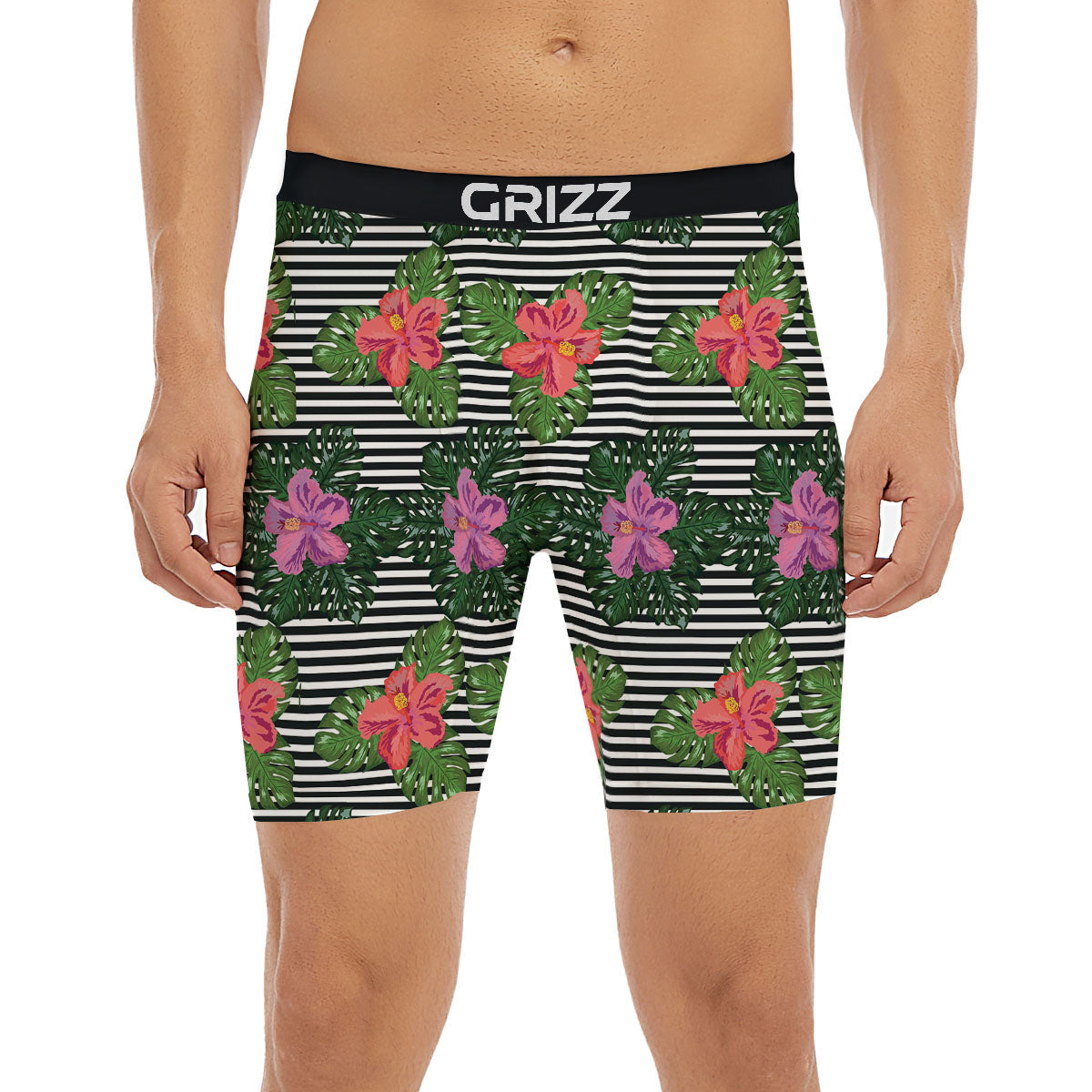 Hibiscus Striped Pink Print Pattern Boxer Briefs-grizzshop