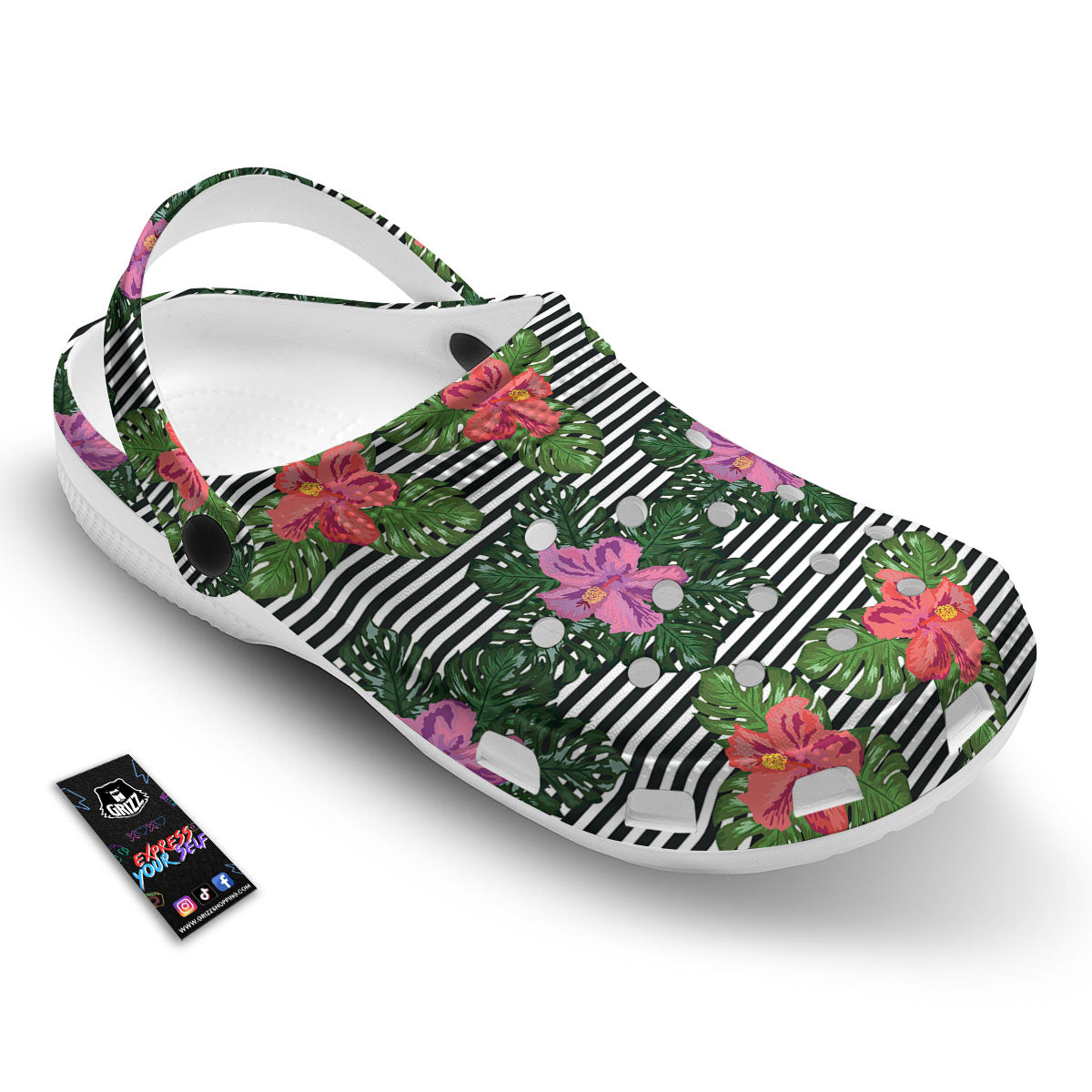 Hibiscus Striped Pink Print Pattern Clog-grizzshop