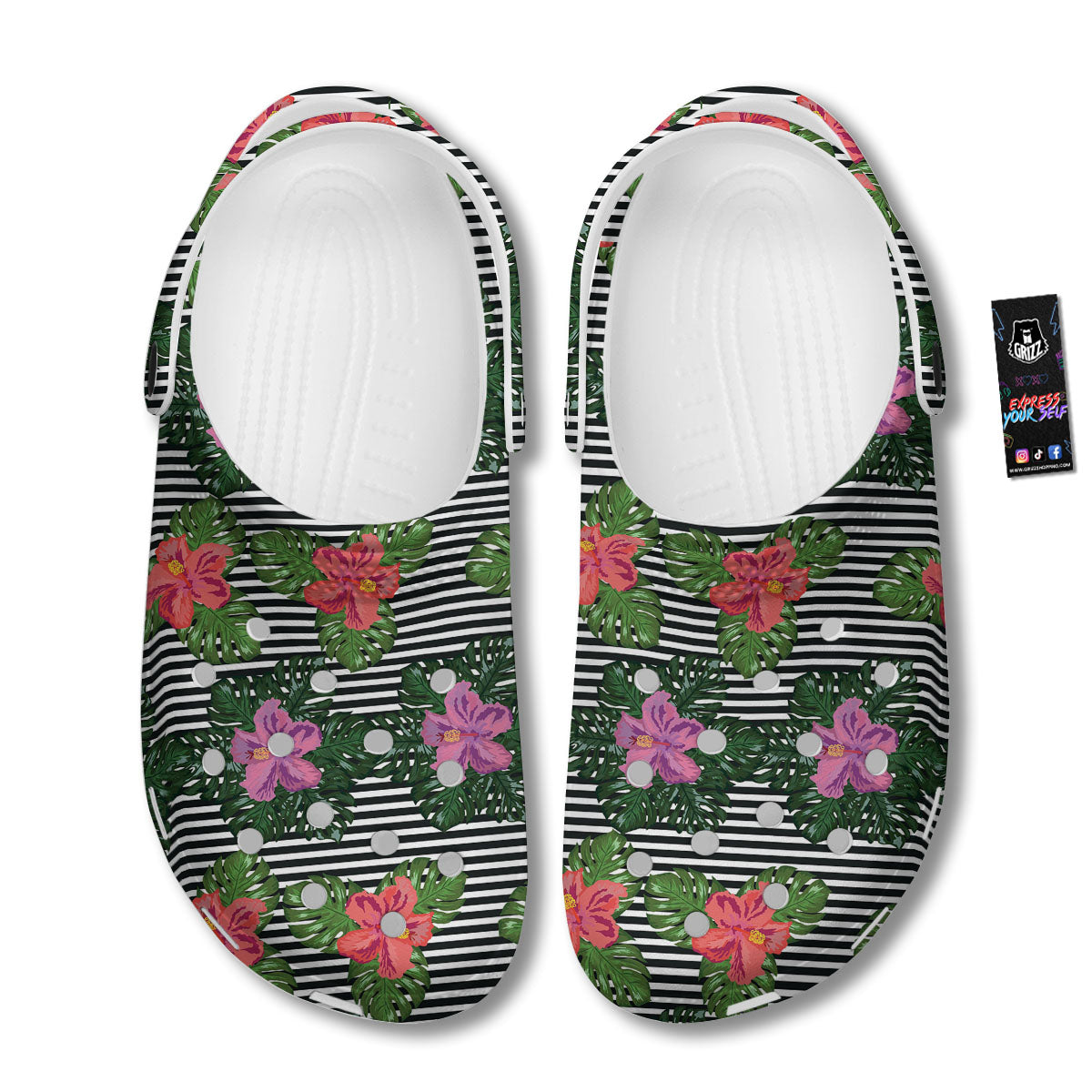 Hibiscus Striped Pink Print Pattern Clog-grizzshop