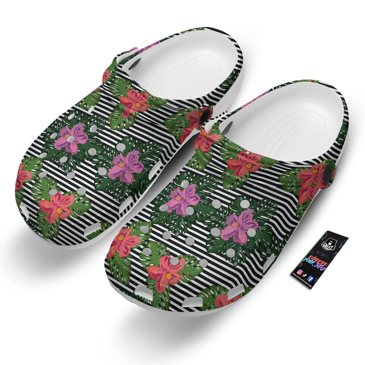 Hibiscus Striped Pink Print Pattern Clog-grizzshop