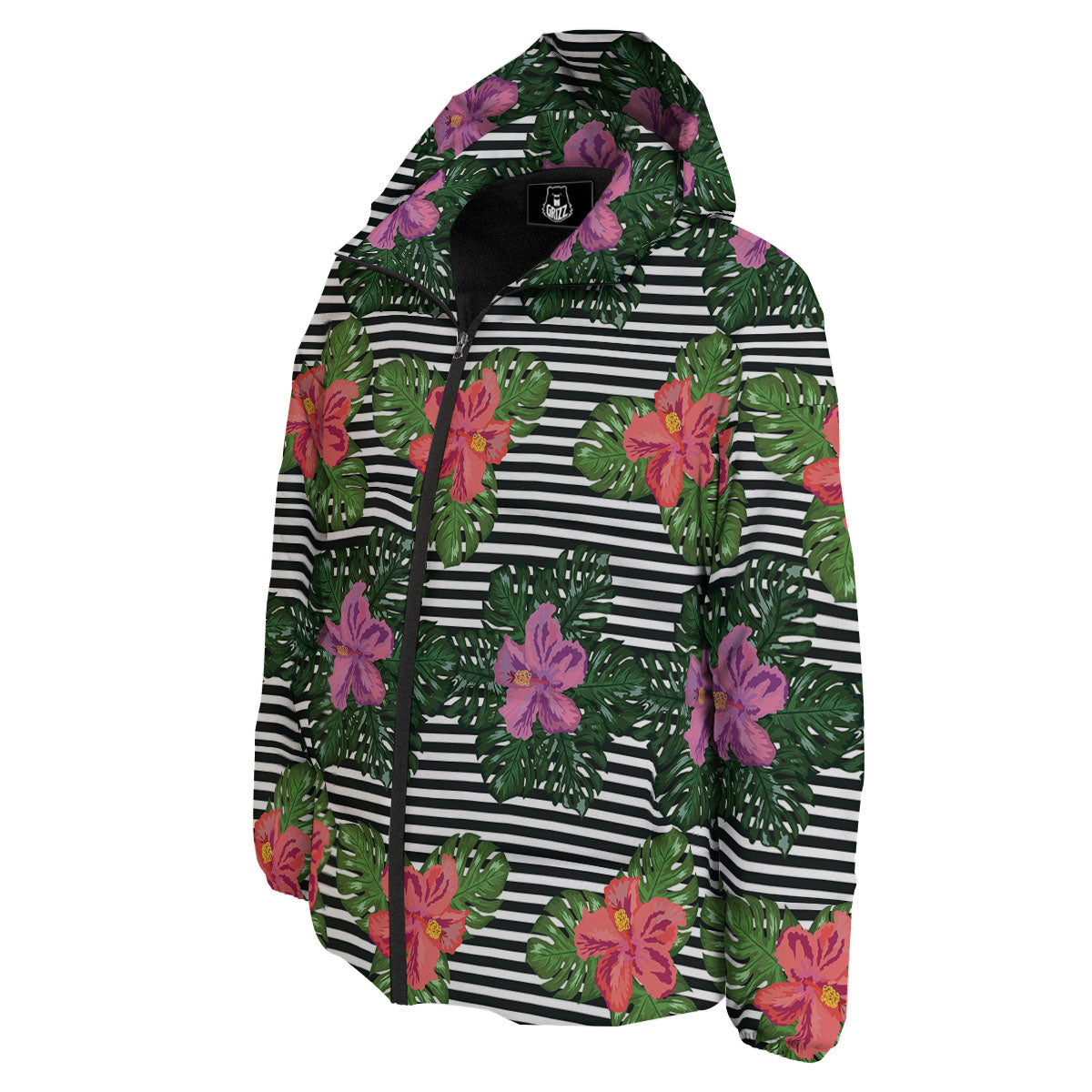 Hibiscus Striped Pink Print Pattern Down Jacket-grizzshop