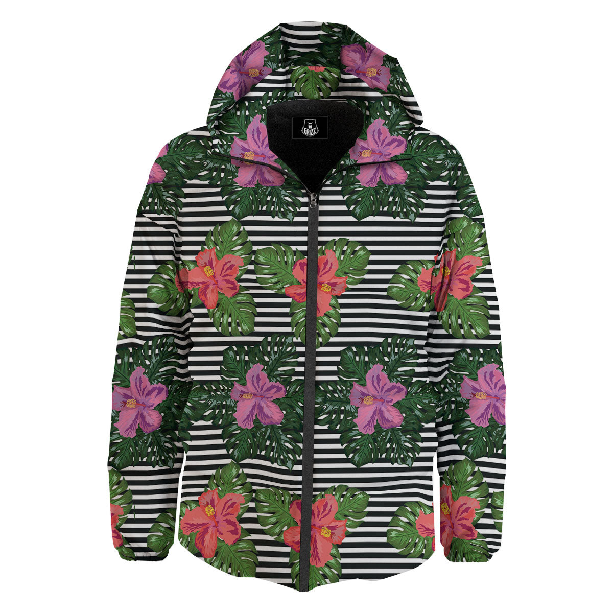 Hibiscus Striped Pink Print Pattern Down Jacket-grizzshop