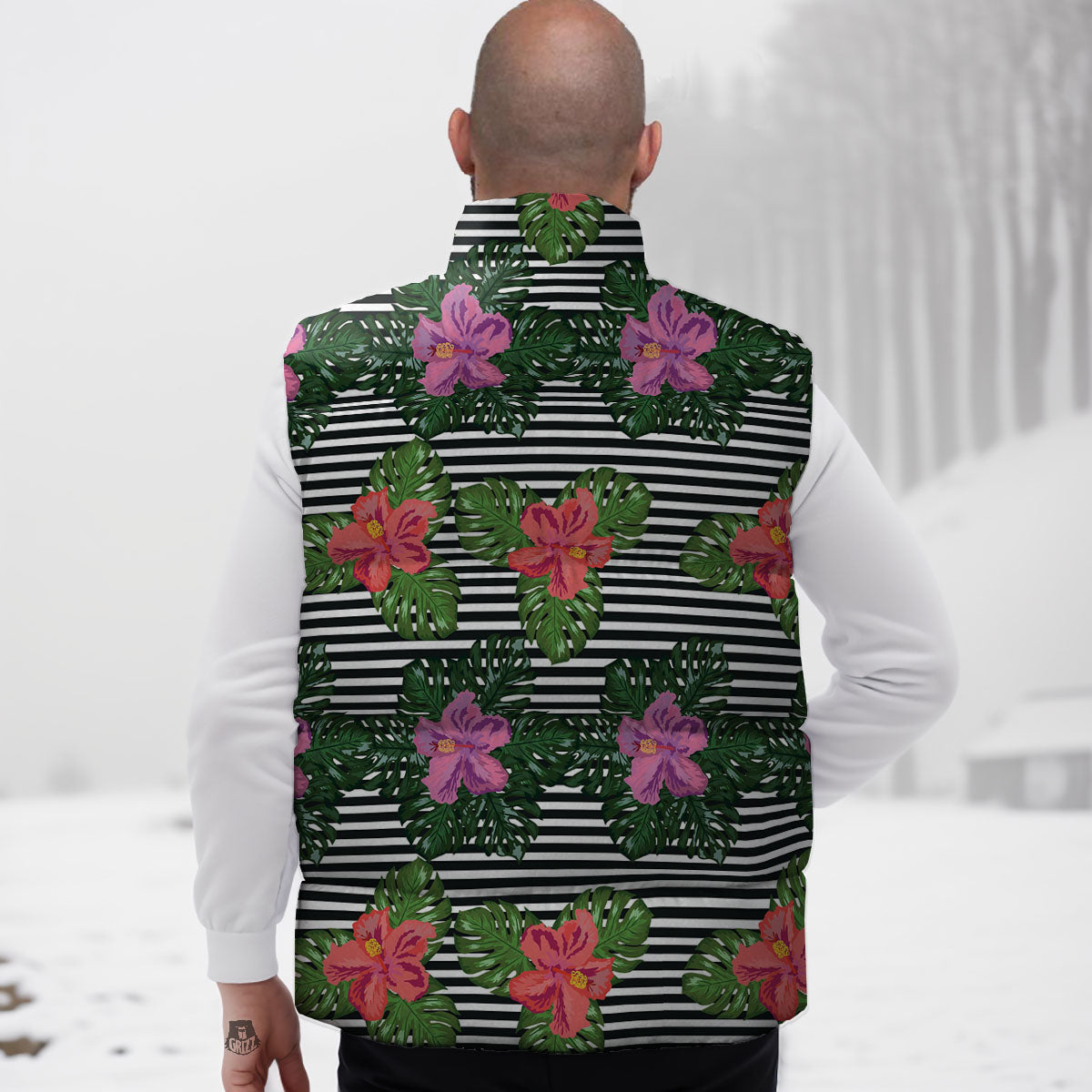 Hibiscus Striped Pink Print Pattern Down Vest