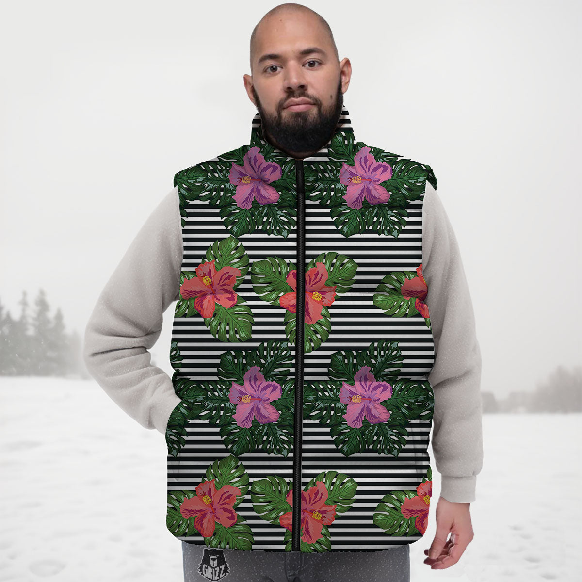 Hibiscus Striped Pink Print Pattern Down Vest