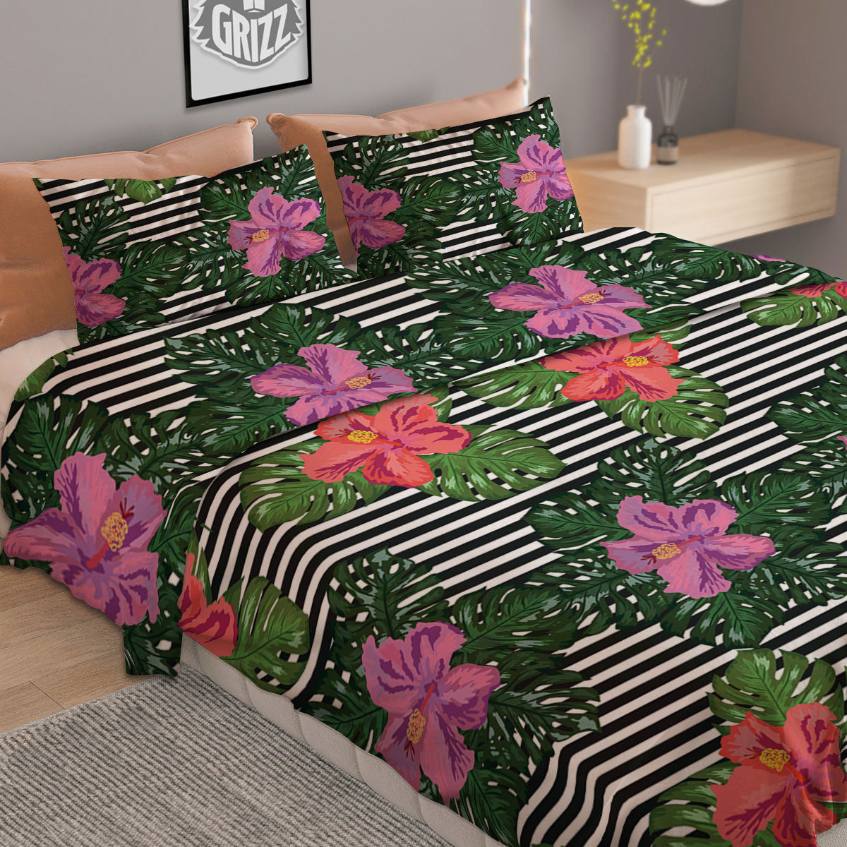 Hibiscus And Tropical Flamingo Print Pattern Duvet Cover Bedding Set