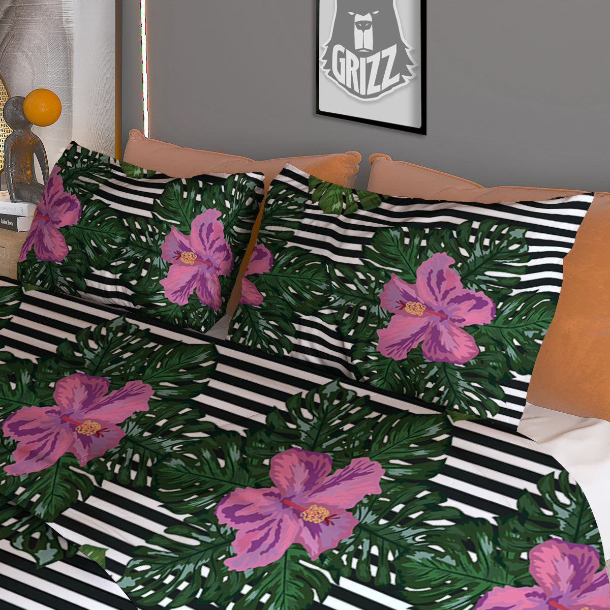Hibiscus And Tropical Flamingo Print Pattern Duvet Cover Bedding Set