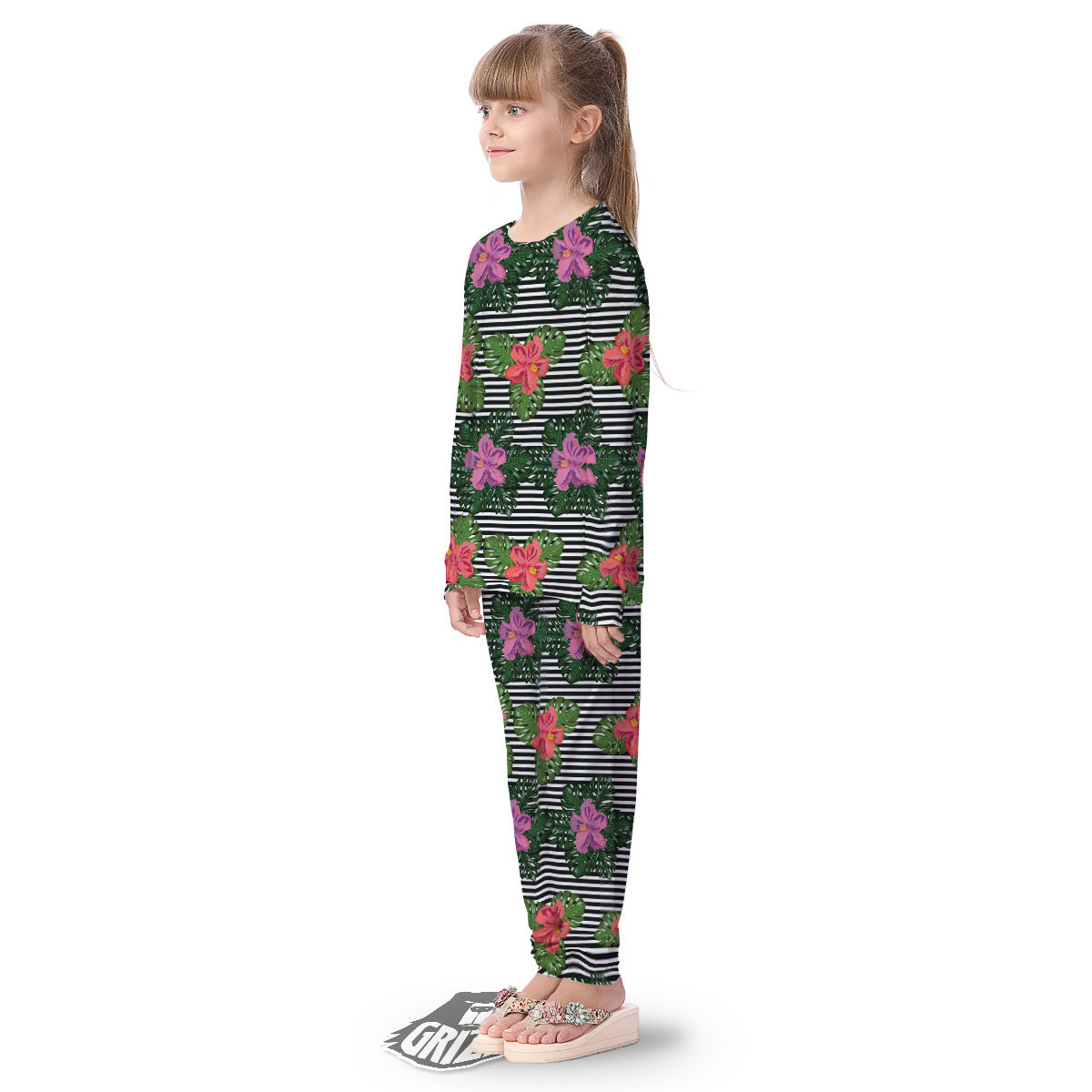 Hibiscus Striped Pink Print Pattern Kid's Pajamas-grizzshop