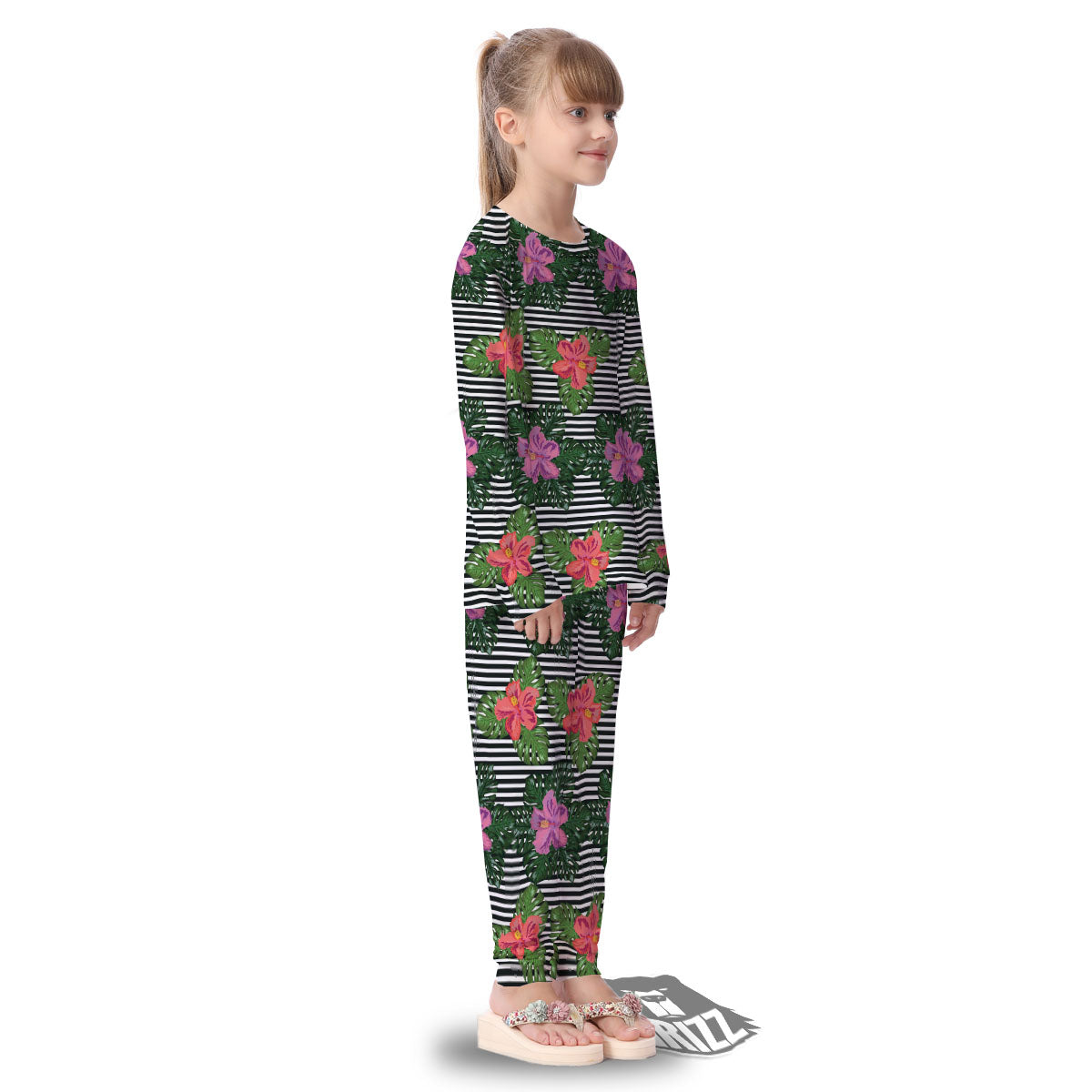 Hibiscus Striped Pink Print Pattern Kid's Pajamas-grizzshop