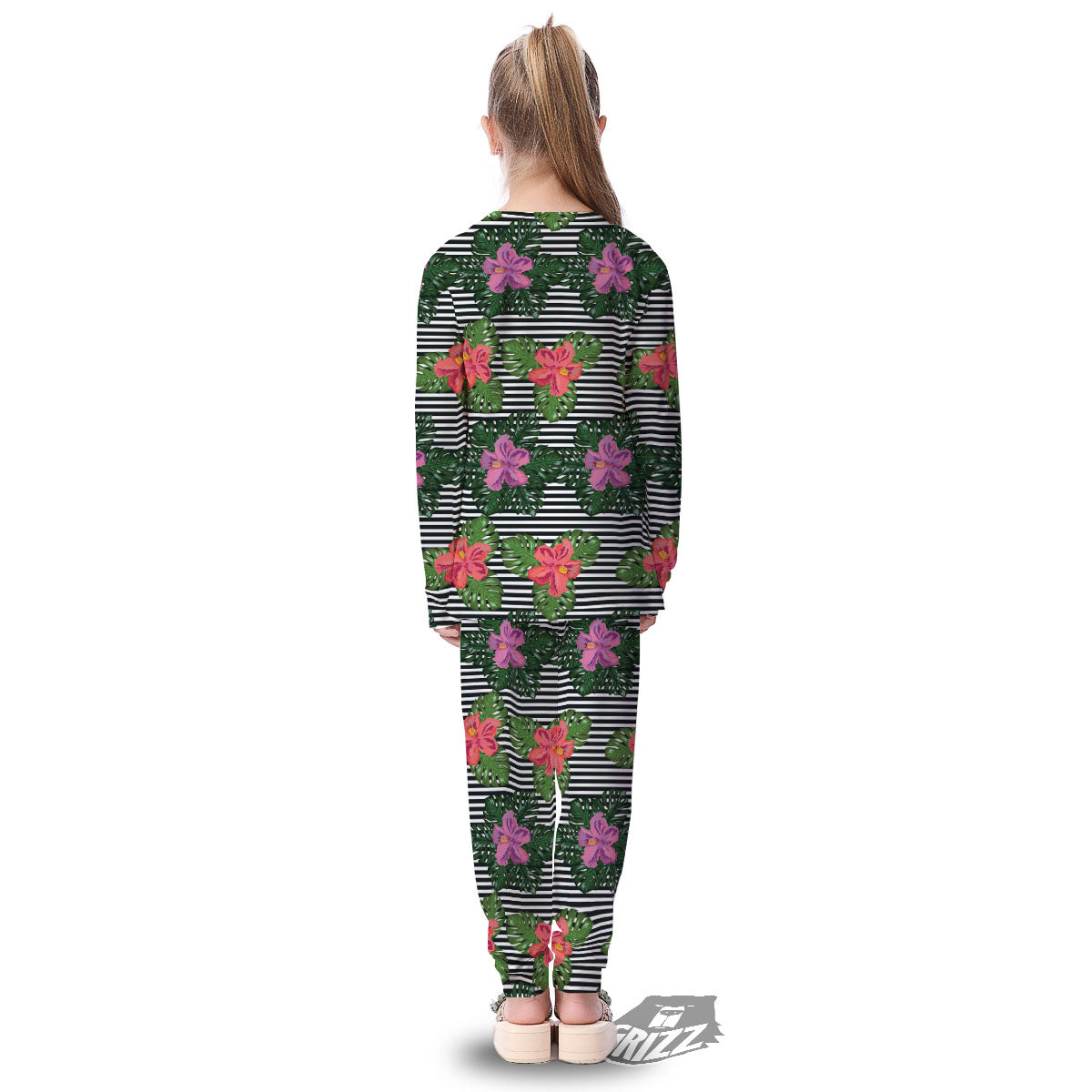 Hibiscus Striped Pink Print Pattern Kid's Pajamas-grizzshop