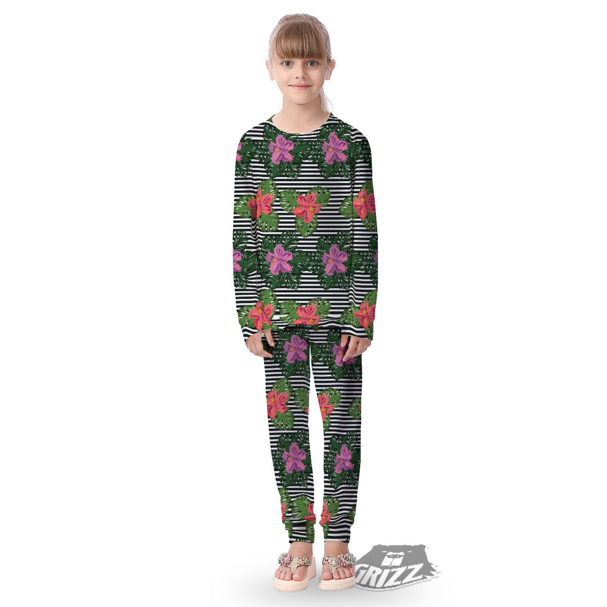 Hibiscus Striped Pink Print Pattern Kid's Pajamas-grizzshop