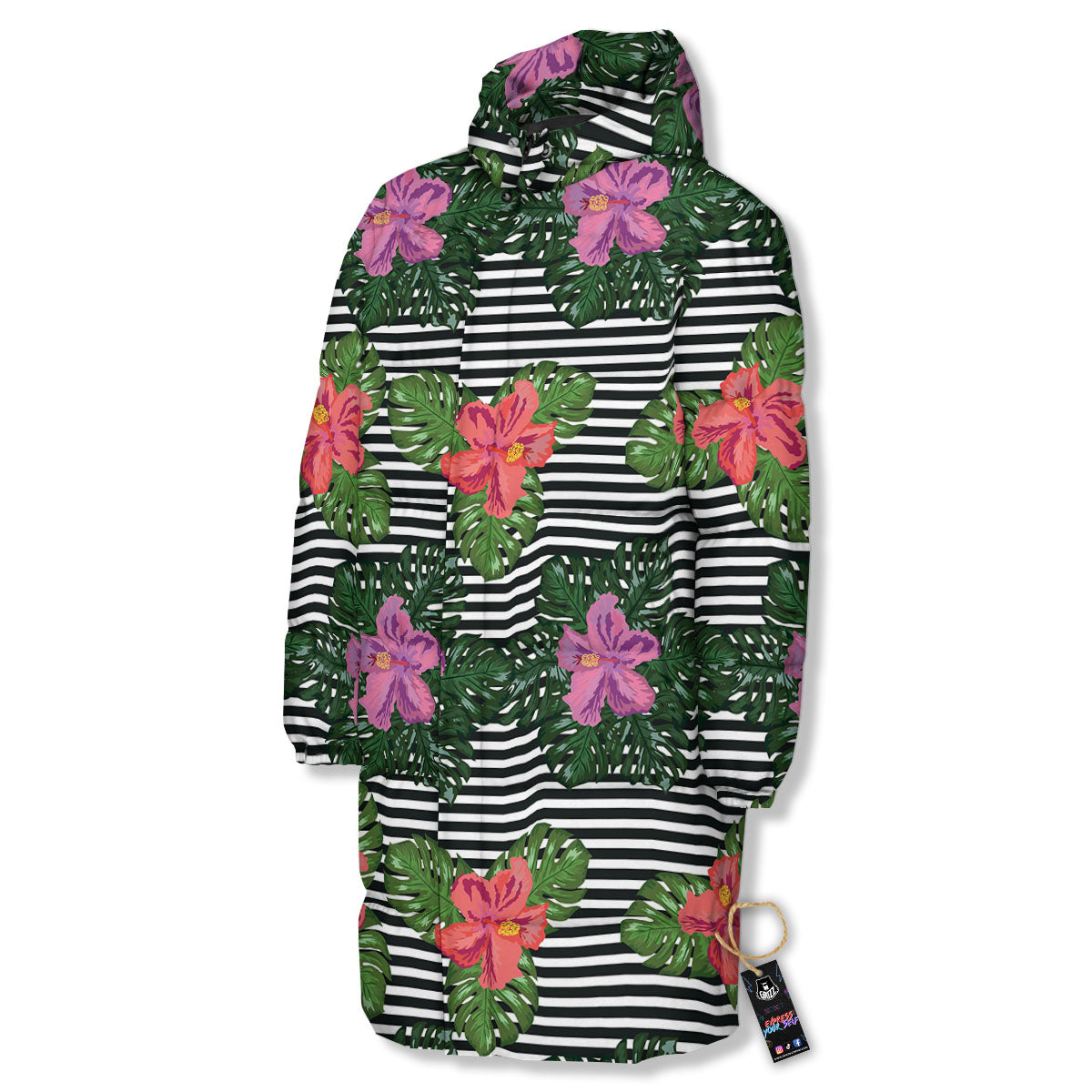 Hibiscus Striped Pink Print Pattern Long Down Jacket-grizzshop