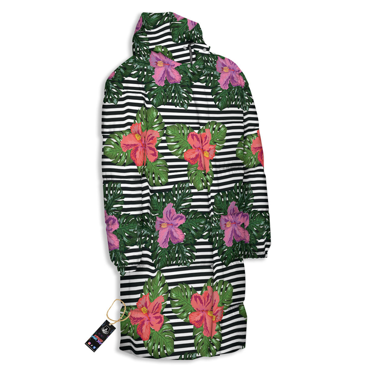 Hibiscus Striped Pink Print Pattern Long Down Jacket-grizzshop