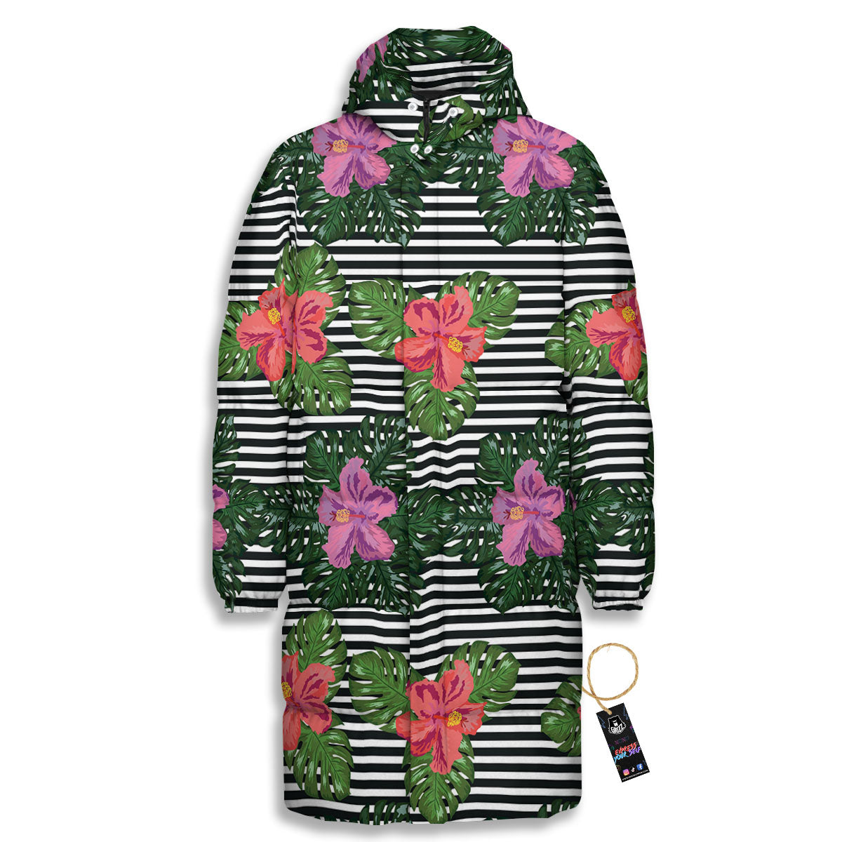 Hibiscus Striped Pink Print Pattern Long Down Jacket-grizzshop
