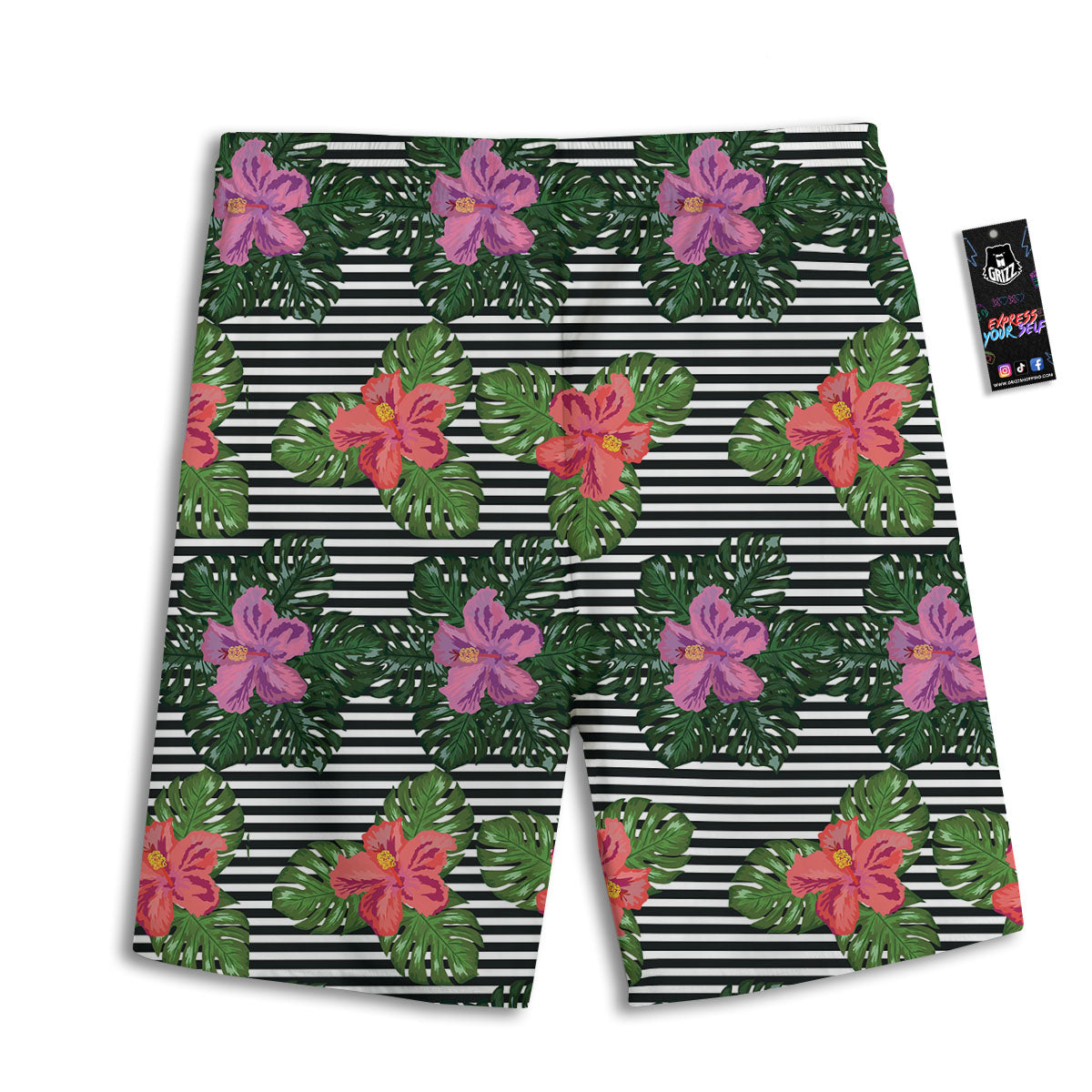 Hibiscus Striped Pink Print Pattern Men's Athletic Shorts