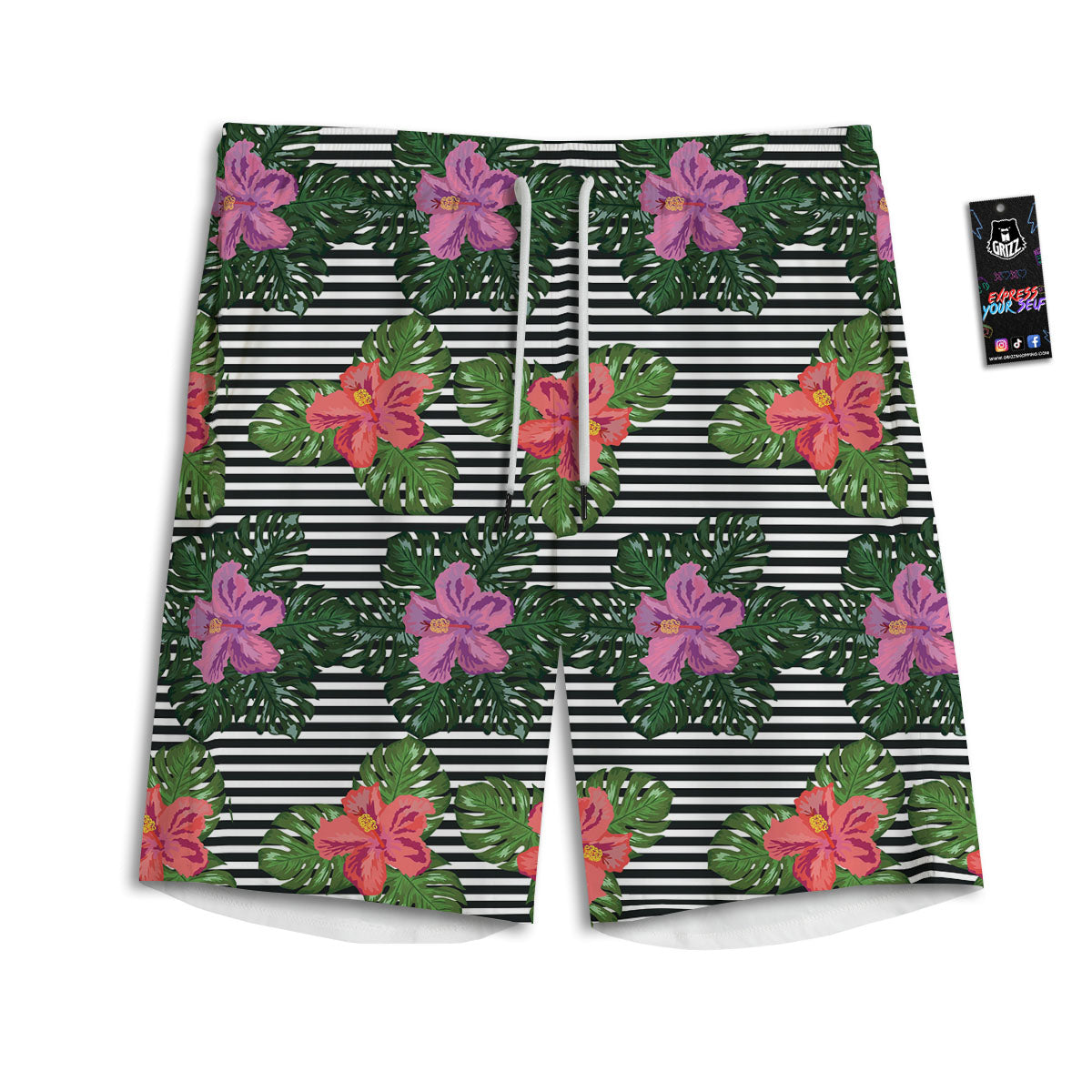 Hibiscus Striped Pink Print Pattern Men's Athletic Shorts