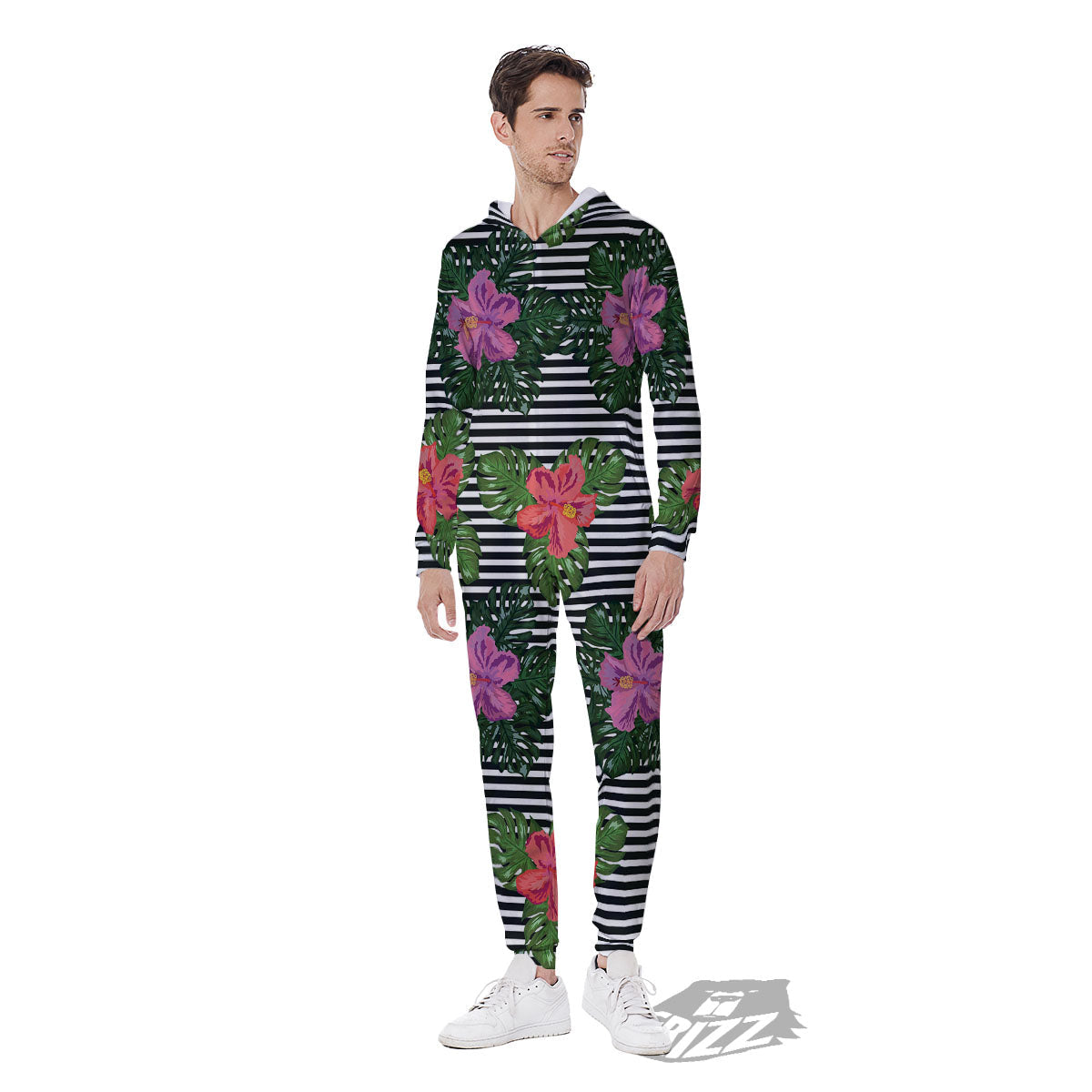 Hibiscus Striped Pink Print Pattern Men's Jumpsuit-grizzshop