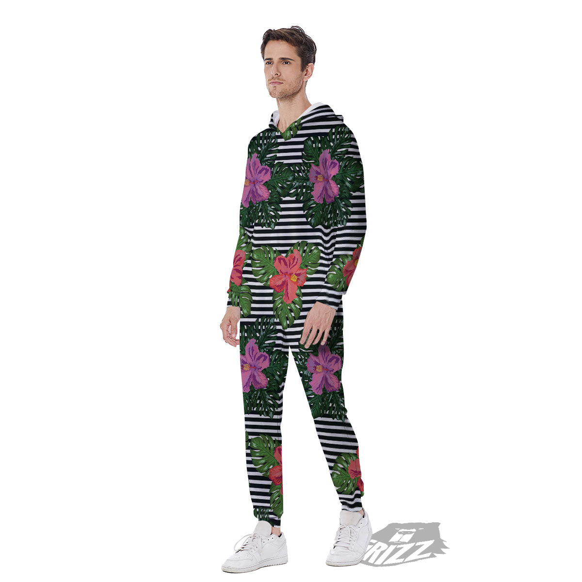 Hibiscus Striped Pink Print Pattern Men's Jumpsuit-grizzshop