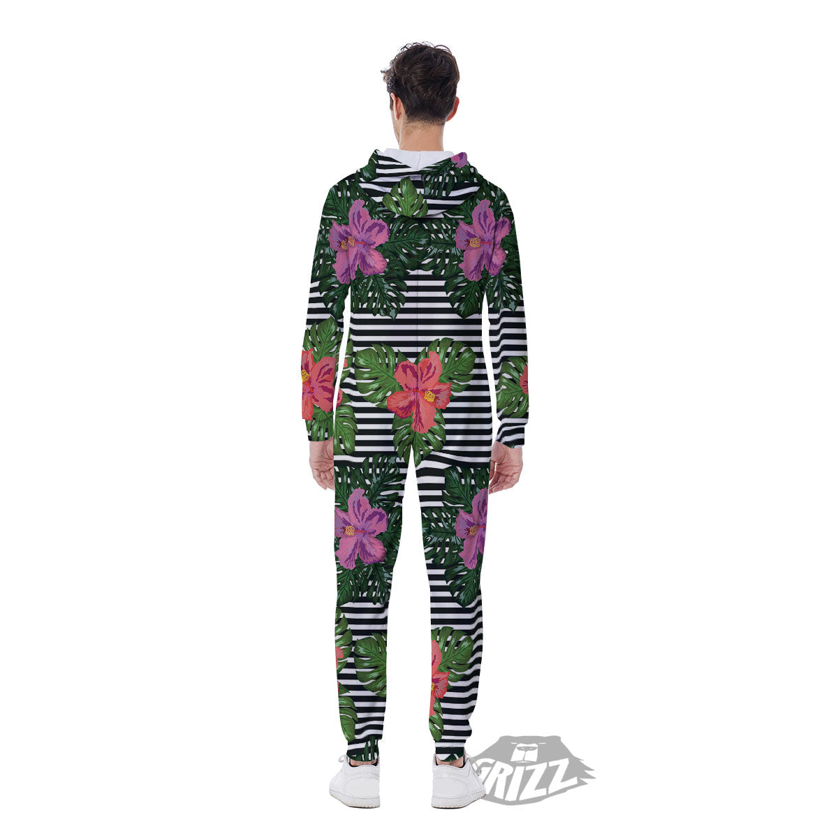 Hibiscus Striped Pink Print Pattern Men's Jumpsuit-grizzshop