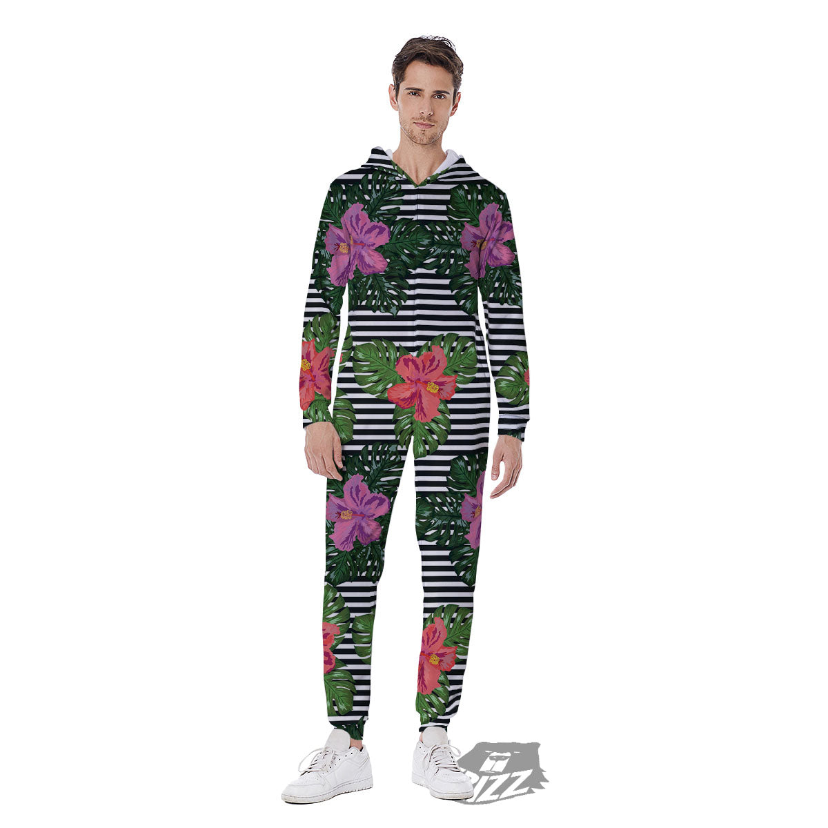Hibiscus Striped Pink Print Pattern Men's Jumpsuit-grizzshop