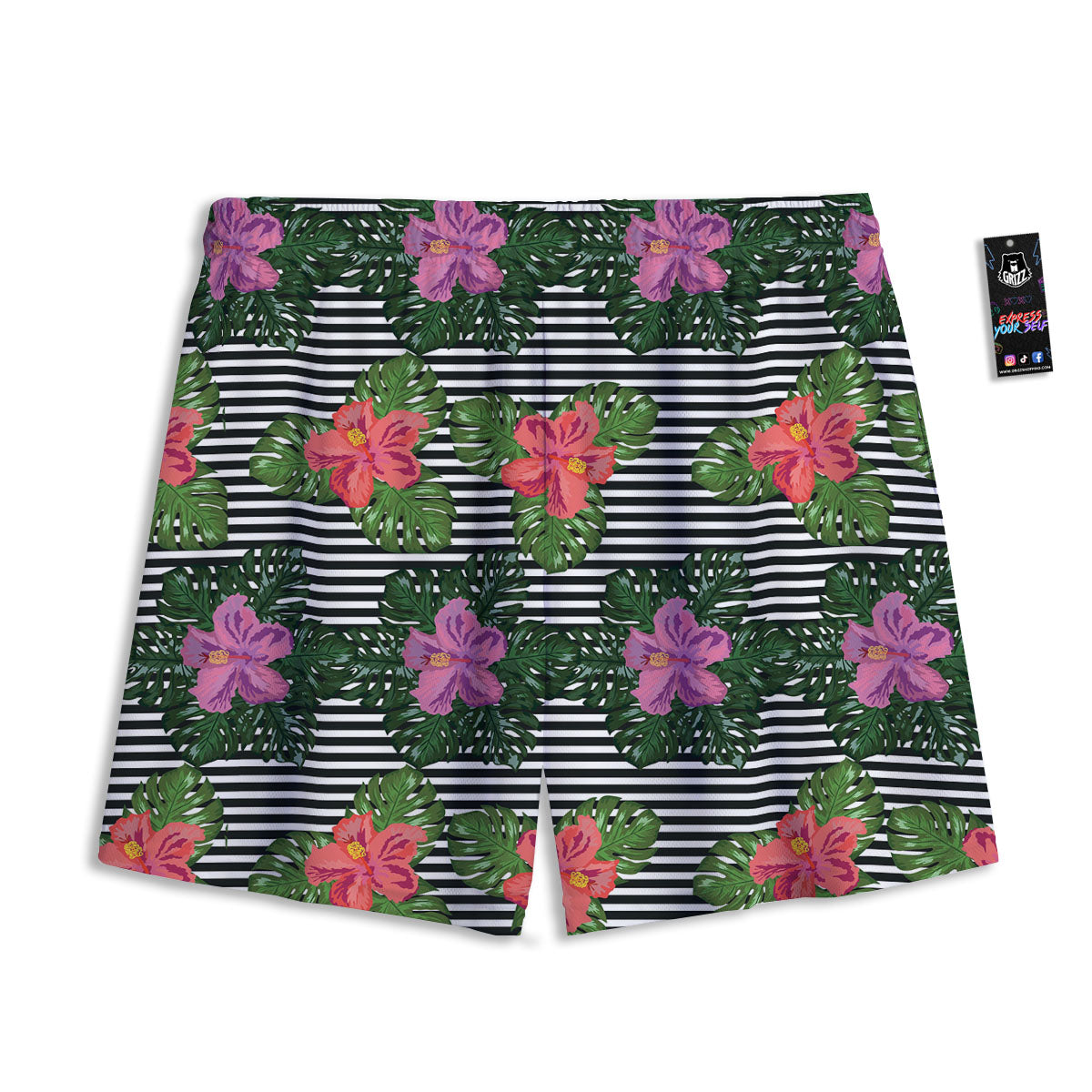 Hibiscus Striped Pink Print Pattern Mesh Shorts