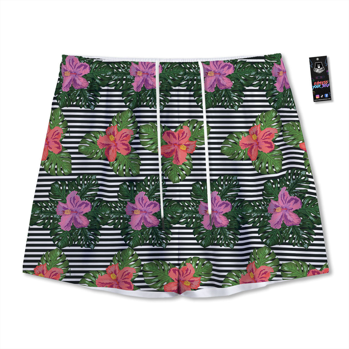 Hibiscus Striped Pink Print Pattern Mesh Shorts