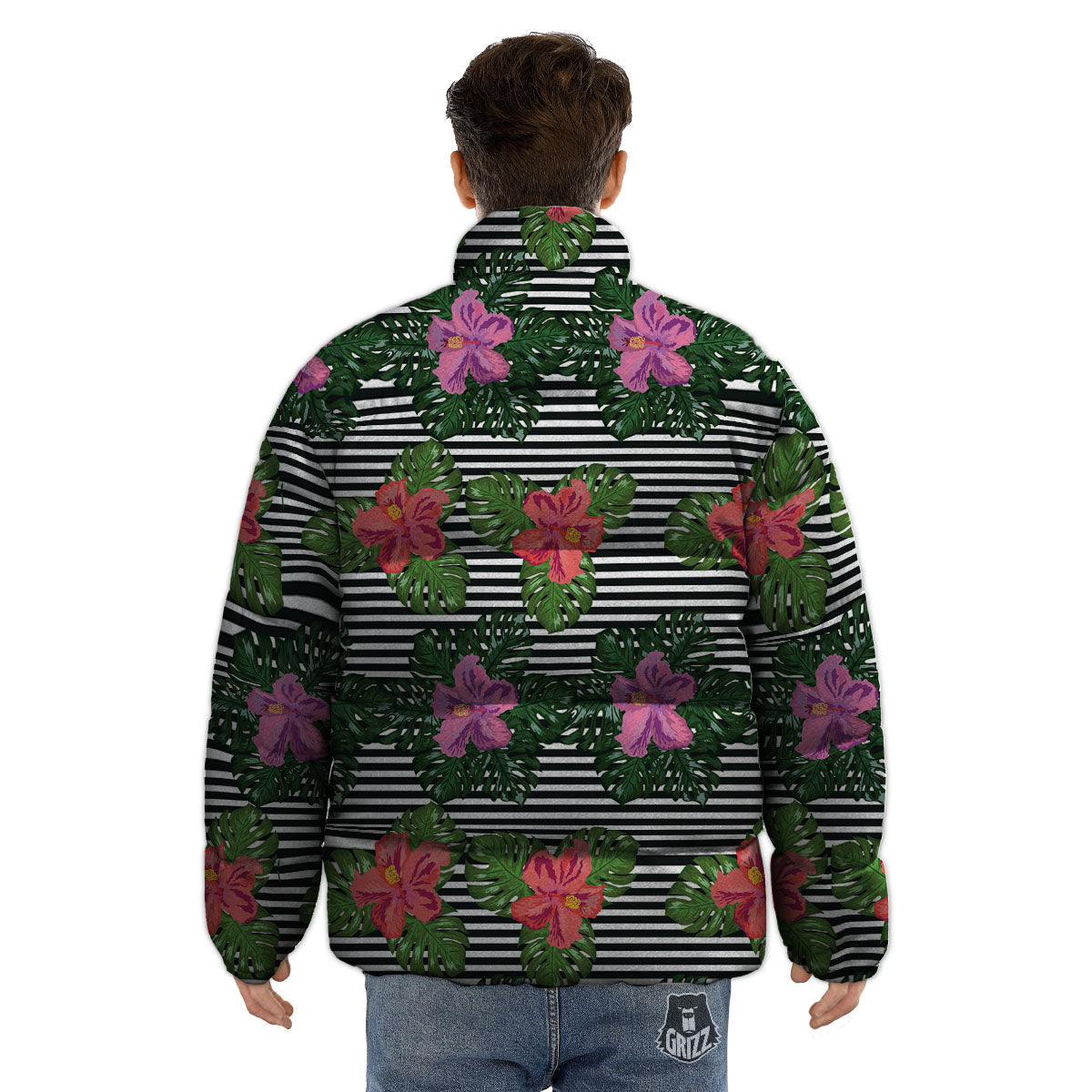 Hibiscus Striped Pink Print Pattern Puffer Jacket-grizzshop