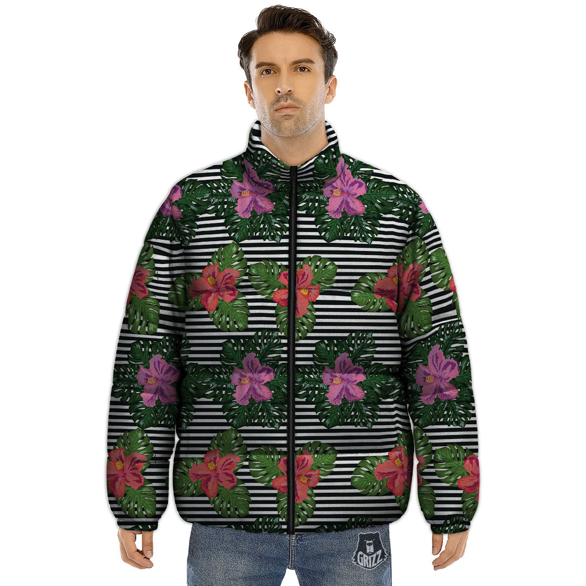 Hibiscus Striped Pink Print Pattern Puffer Jacket-grizzshop