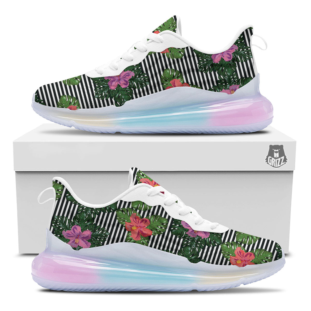 Hibiscus Striped Pink Print Pattern Running Sneakers-grizzshop