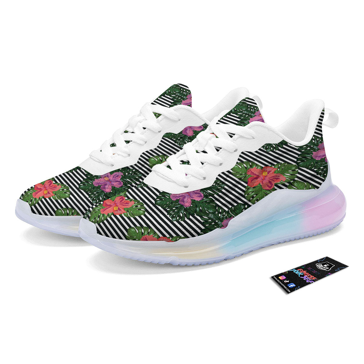Hibiscus Striped Pink Print Pattern Running Sneakers-grizzshop