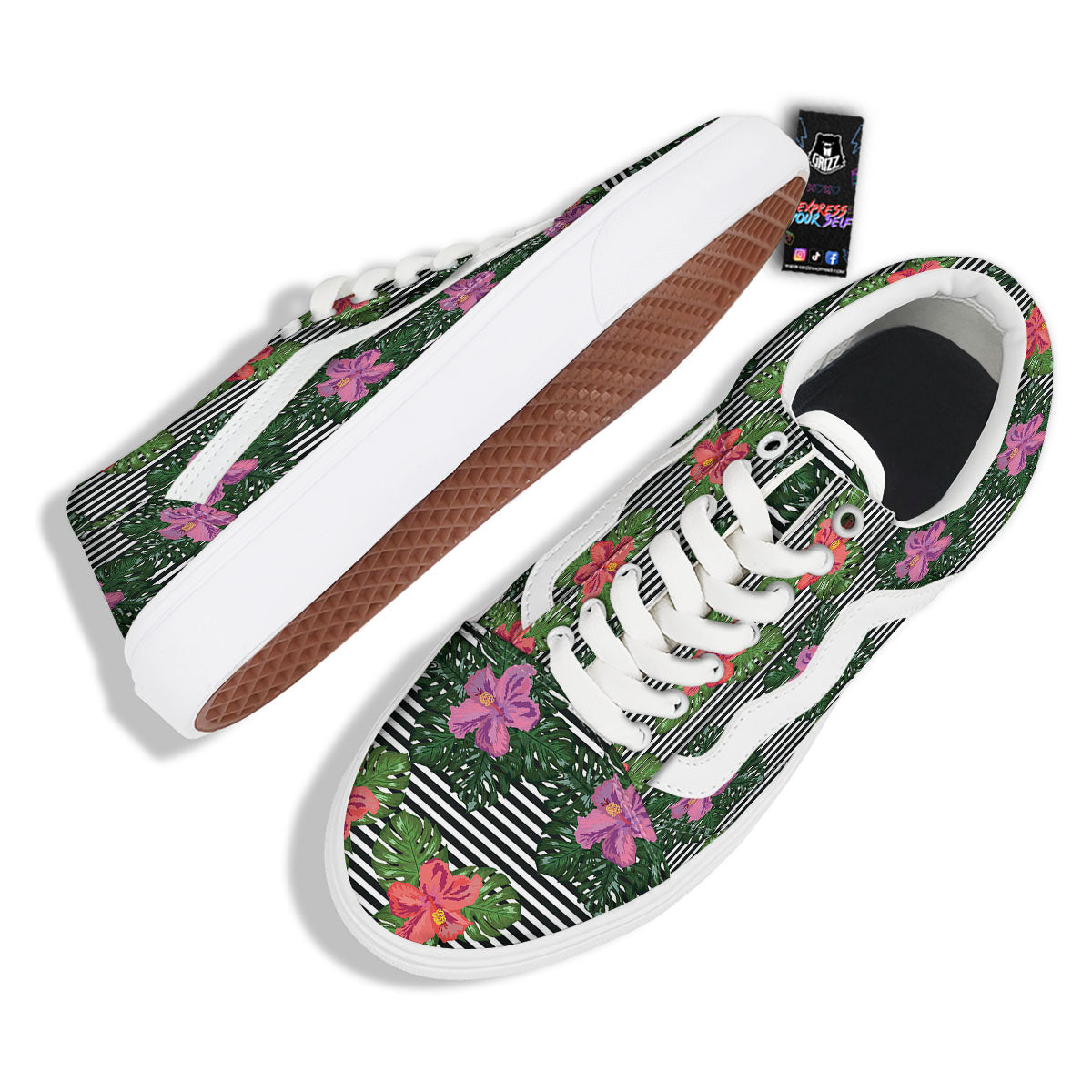 Hibiscus Striped Pink Print Pattern Skate Shoes-grizzshop