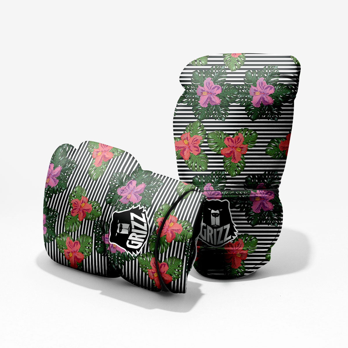 Hibiscus Striped Pink Print Pattern Pro Boxing Glove