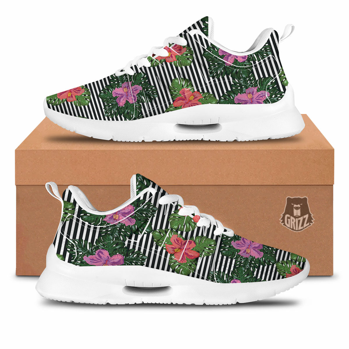 Hibiscus Striped Pink Print Pattern Tennis Shoes-grizzshop