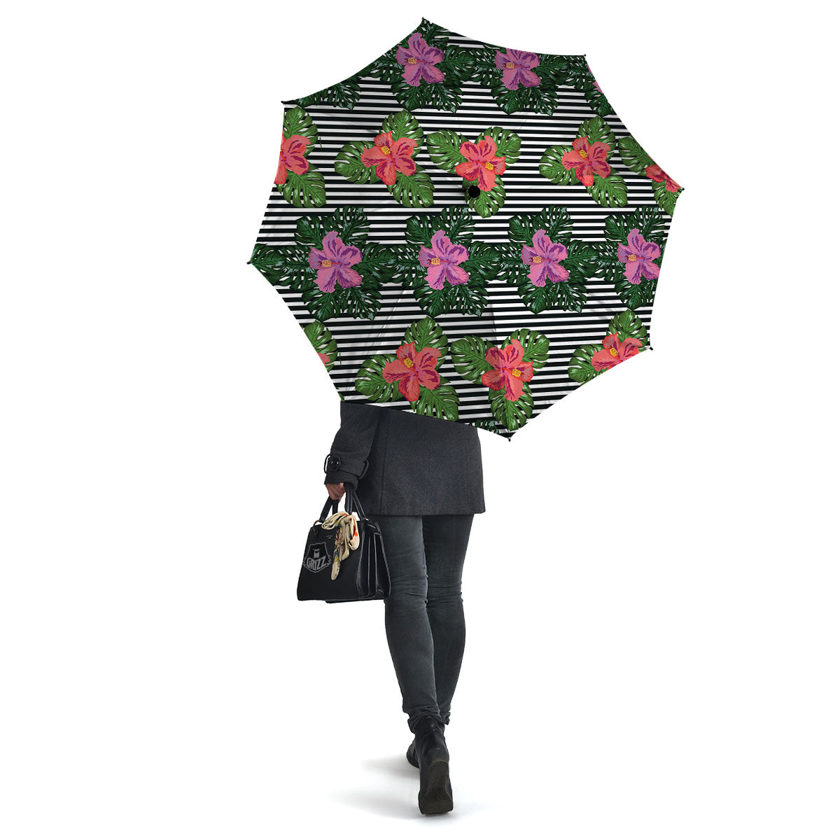 Hibiscus Striped Pink Print Pattern Umbrella-grizzshop