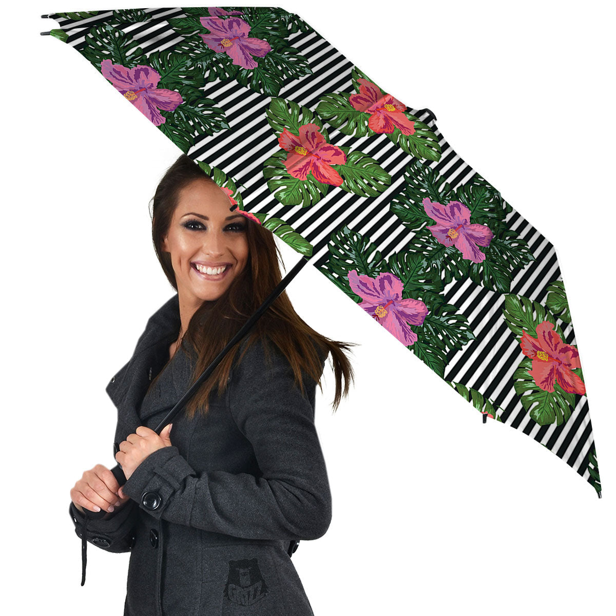 Hibiscus Striped Pink Print Pattern Umbrella-grizzshop