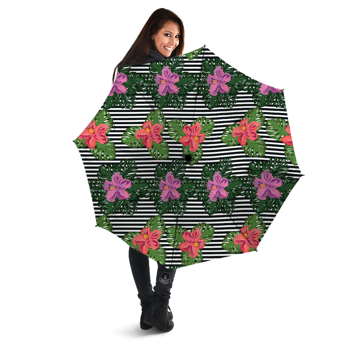 Hibiscus Striped Pink Print Pattern Umbrella-grizzshop