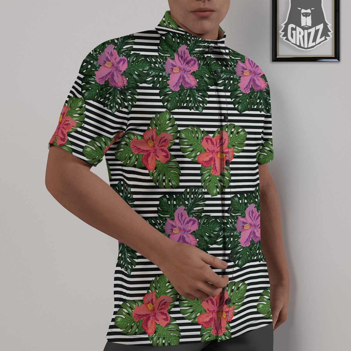 Hibiscus Striped Pink Print Pattern Untucked Shirts-grizzshop