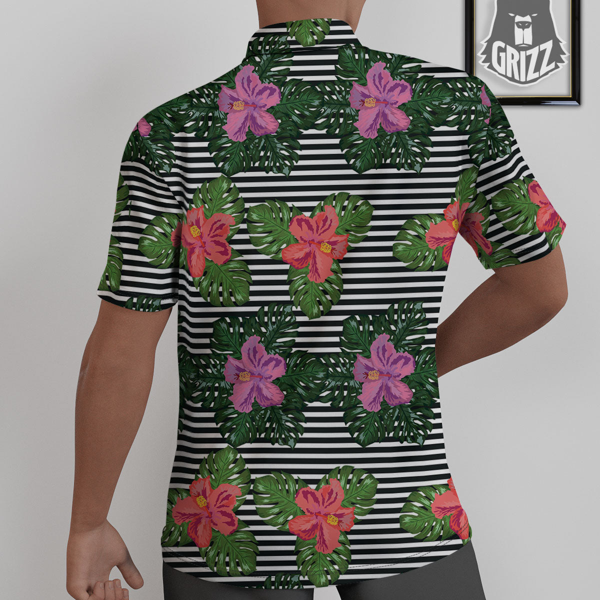 Hibiscus Striped Pink Print Pattern Untucked Shirts-grizzshop