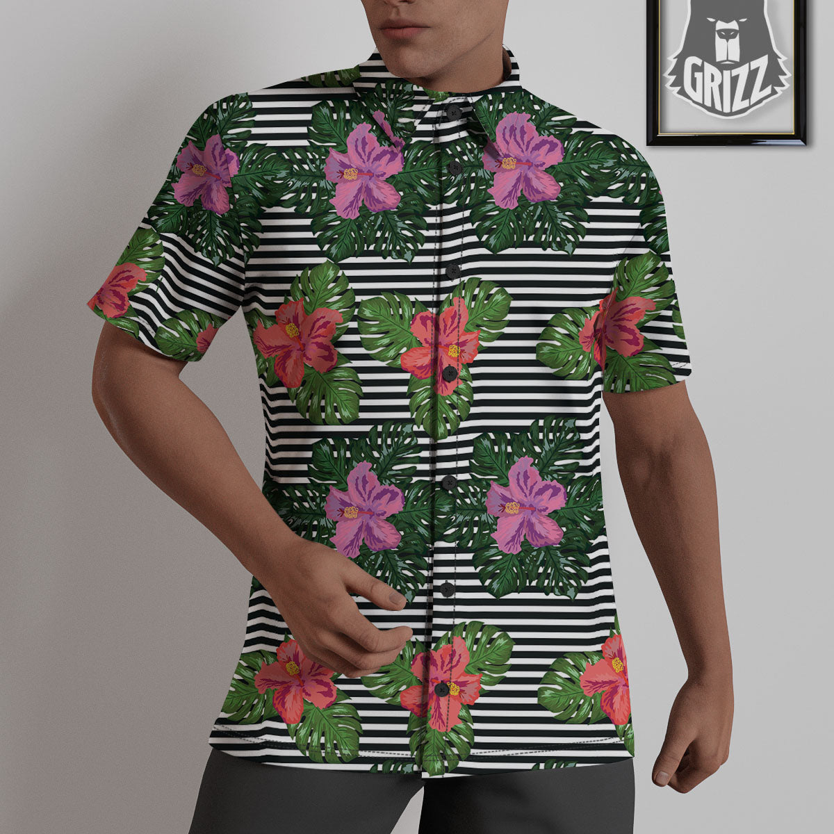 Hibiscus Striped Pink Print Pattern Untucked Shirts-grizzshop