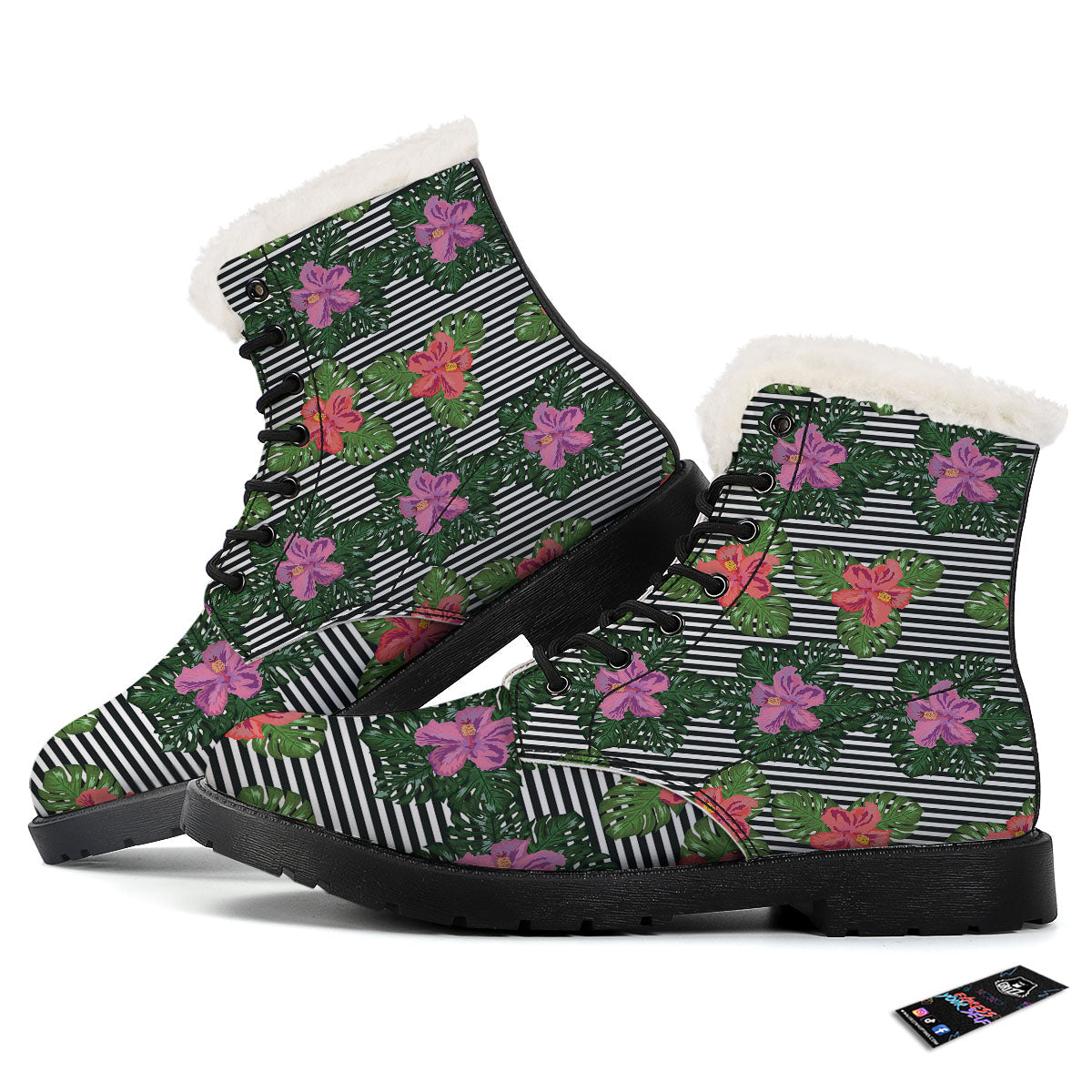 Hibiscus Striped Pink Print Pattern Winter Boots-grizzshop