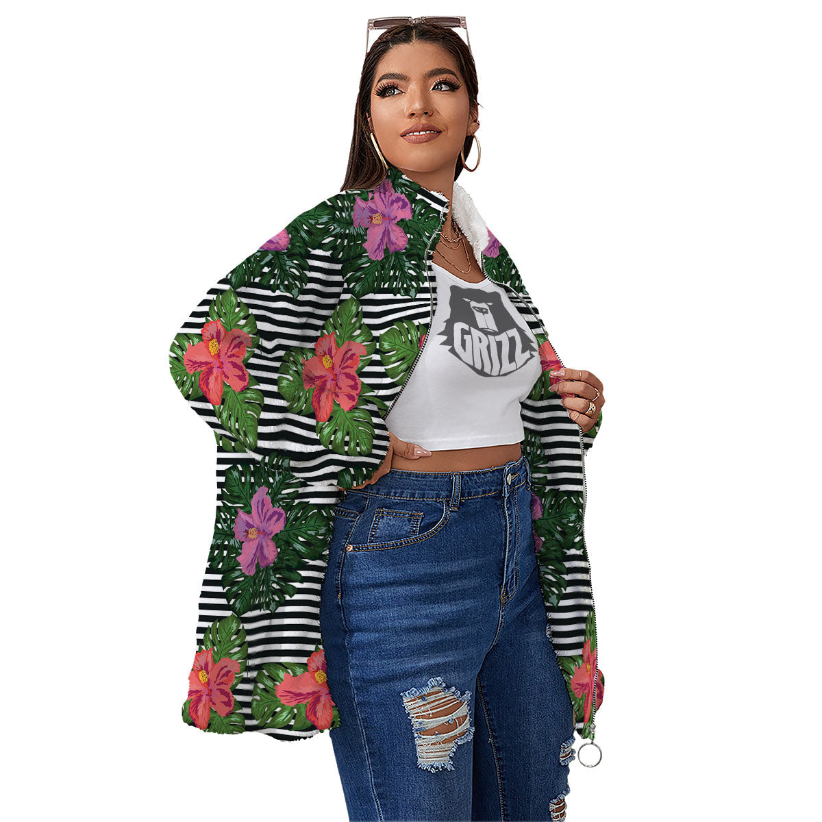 Hibiscus Striped Pink Print Pattern Women's Sherpa Jacket-grizzshop