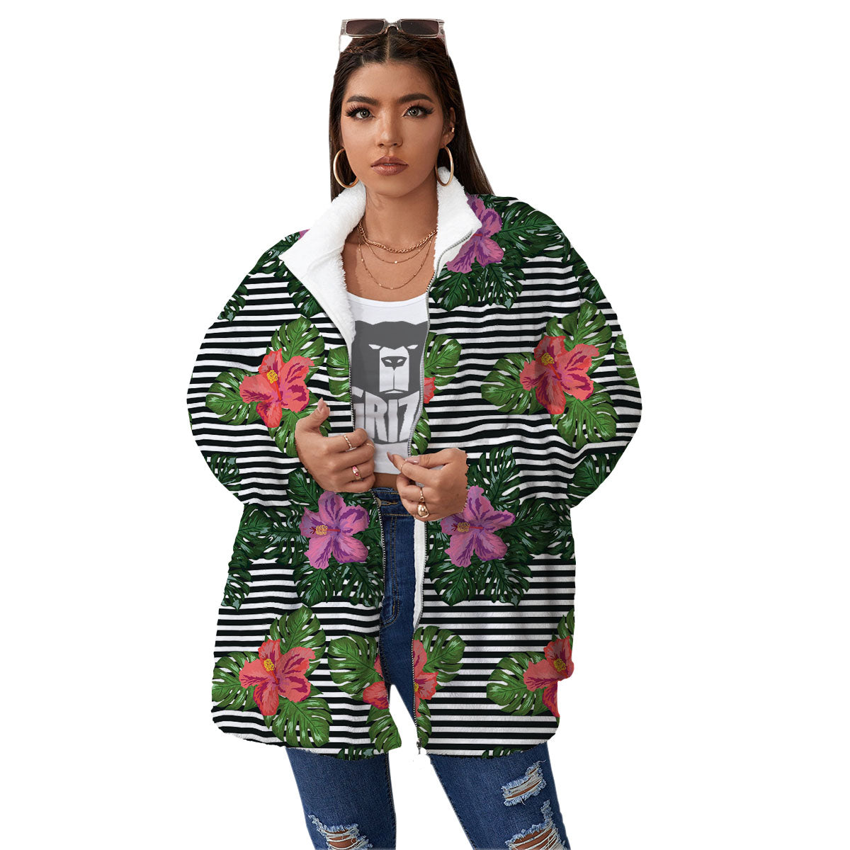 Hibiscus Striped Pink Print Pattern Women's Sherpa Jacket-grizzshop
