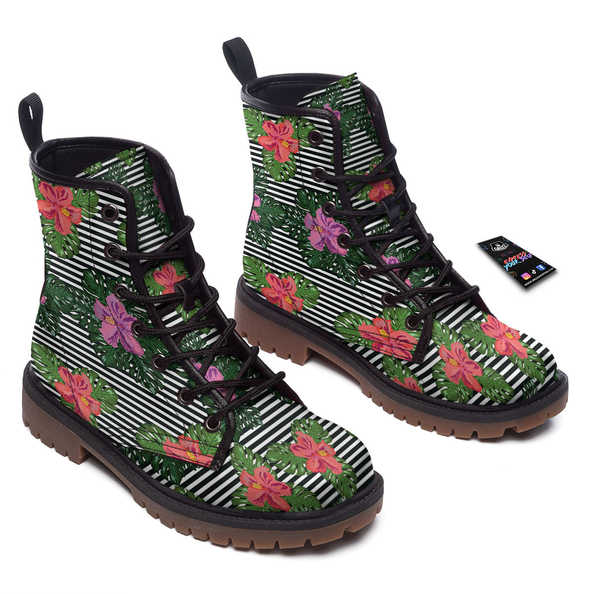 Hibiscus Striped Pink Print Pattern Work Boots-grizzshop