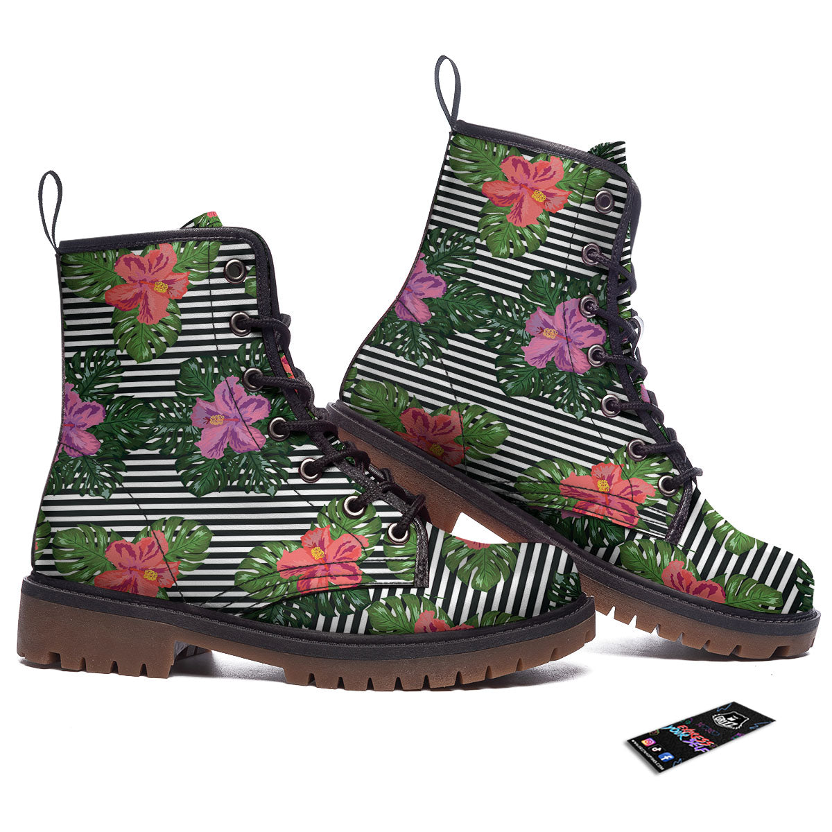 Hibiscus Striped Pink Print Pattern Work Boots-grizzshop