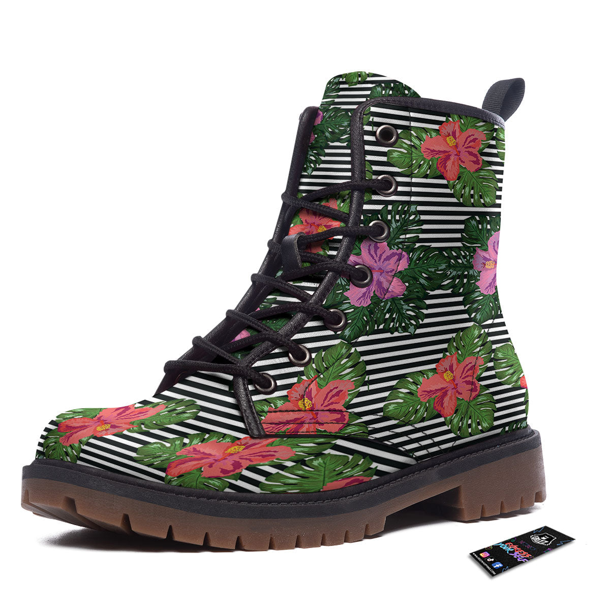 Hibiscus Striped Pink Print Pattern Work Boots-grizzshop